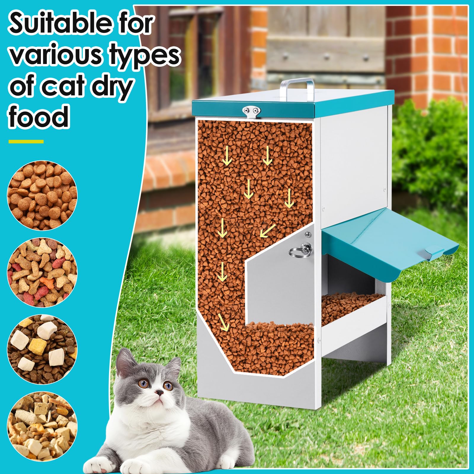 Distributore Automatico Cibo Gatti 4L con Ciotole Rialzate, Mangiatoia per Animali Domestici in Metallo, Robusto, Resistente a Pioggia e Neve