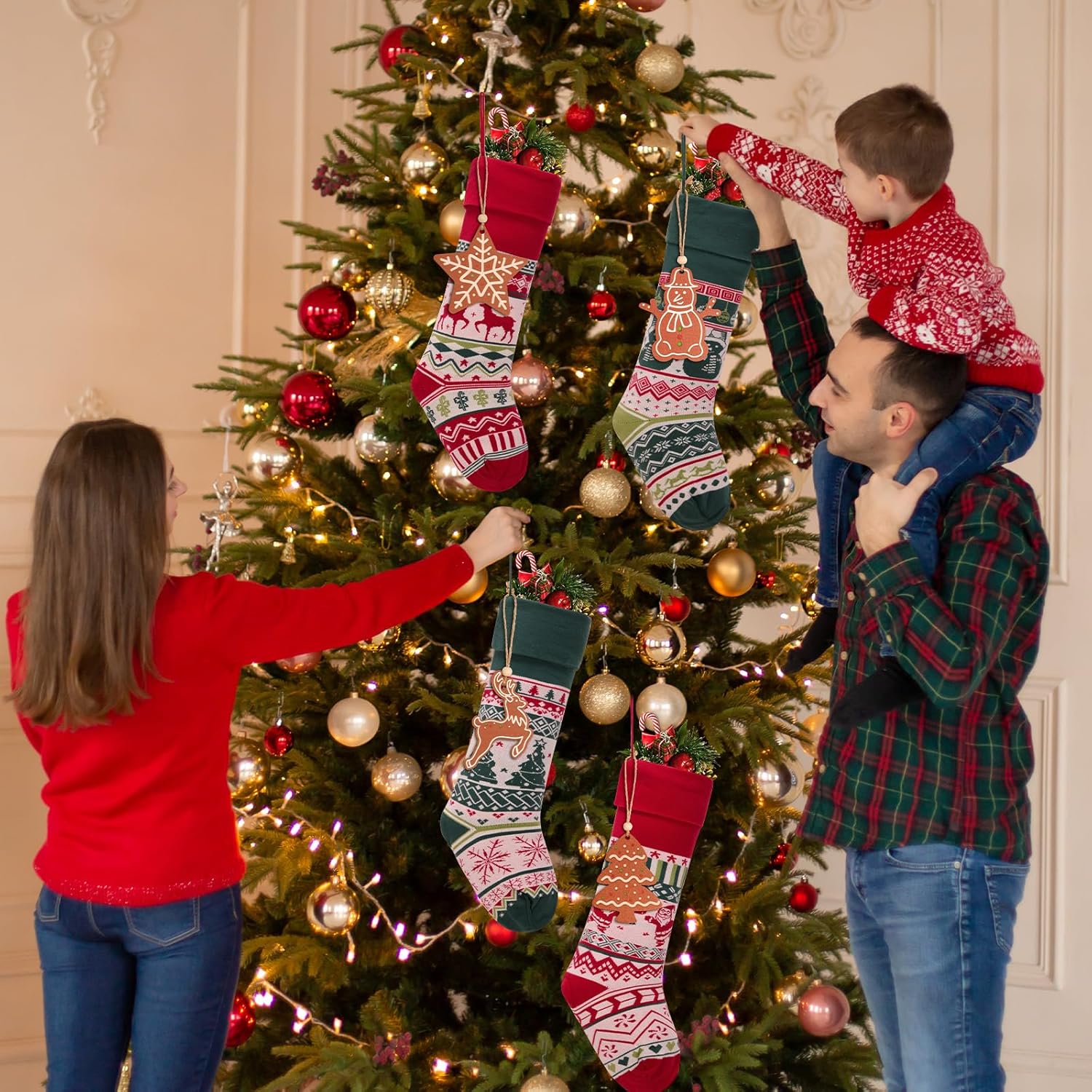 HiPeep Christmas Stockings 4 Pack, 21 Inch Large Family Christmas Stocking, Red and Green Reindeer Snowman Xmas Stocking for Fireplace,Christmas Decorations