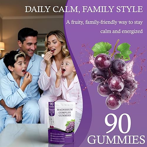 Miniatura 5 de Gomitas complejas de glicinato de magnesio para mujer, mezcla de magnesio 8 en 1 (glicinato, malato, citrato) con L-teanina, ashwagandha, vitamina