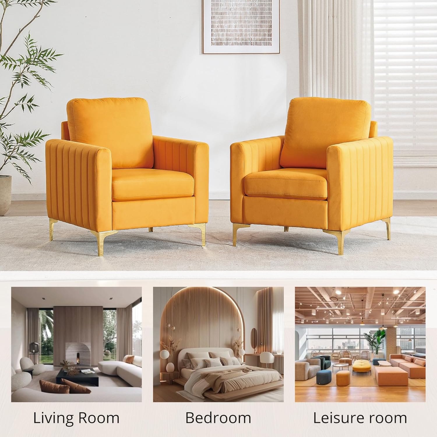 Modern Velvet Accent Chair for Living Room & Bedroom Comfy Reading Armchair with Gold Metal Legs (1, Mustard Yellow)