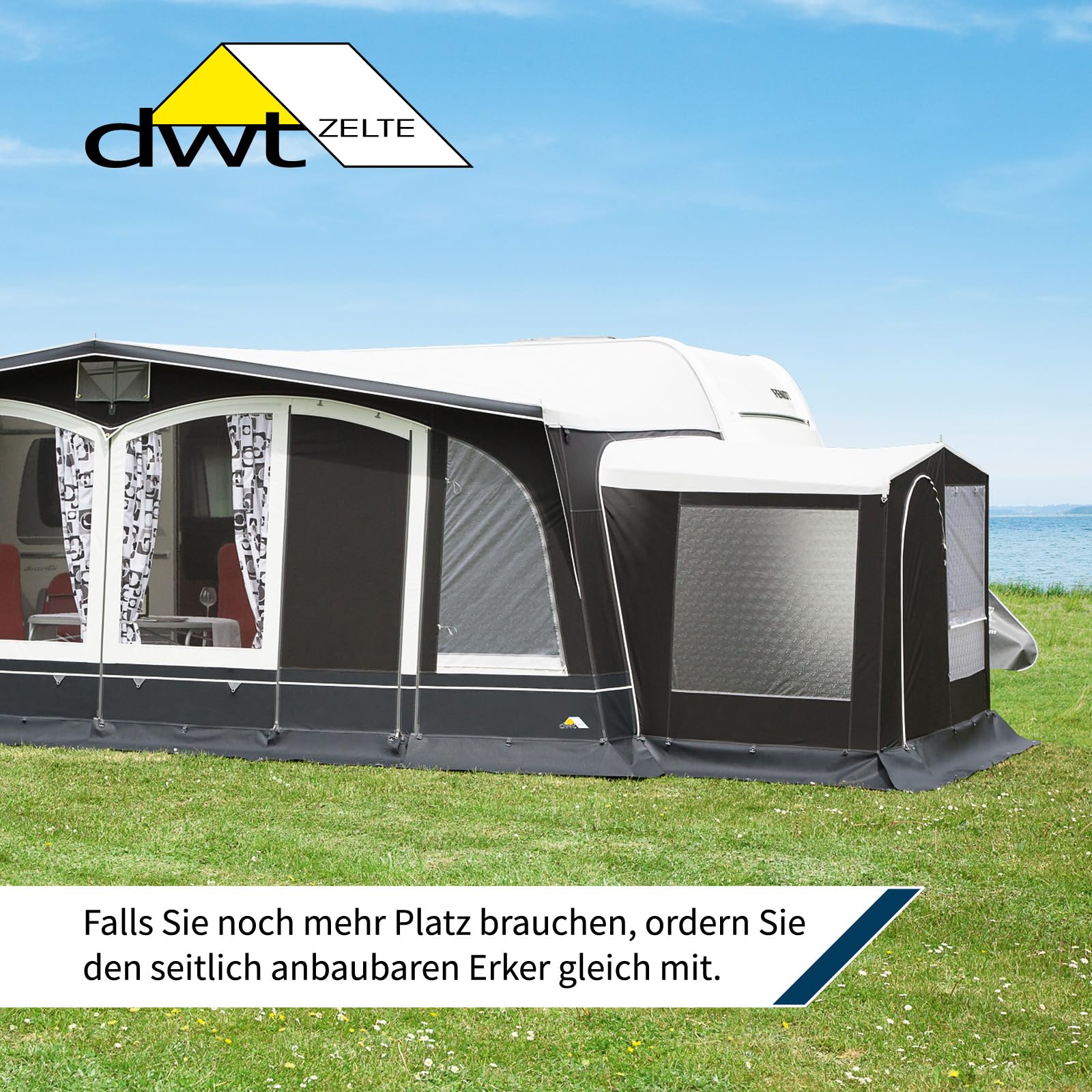 DWT Wohnwagen Vorzelt Swing 240 cm tief, Ganzzelt für Wohnwagen, wetterfestes Polyestergewebe, UV-Schutz, mit 2-teiliger Vorderwand