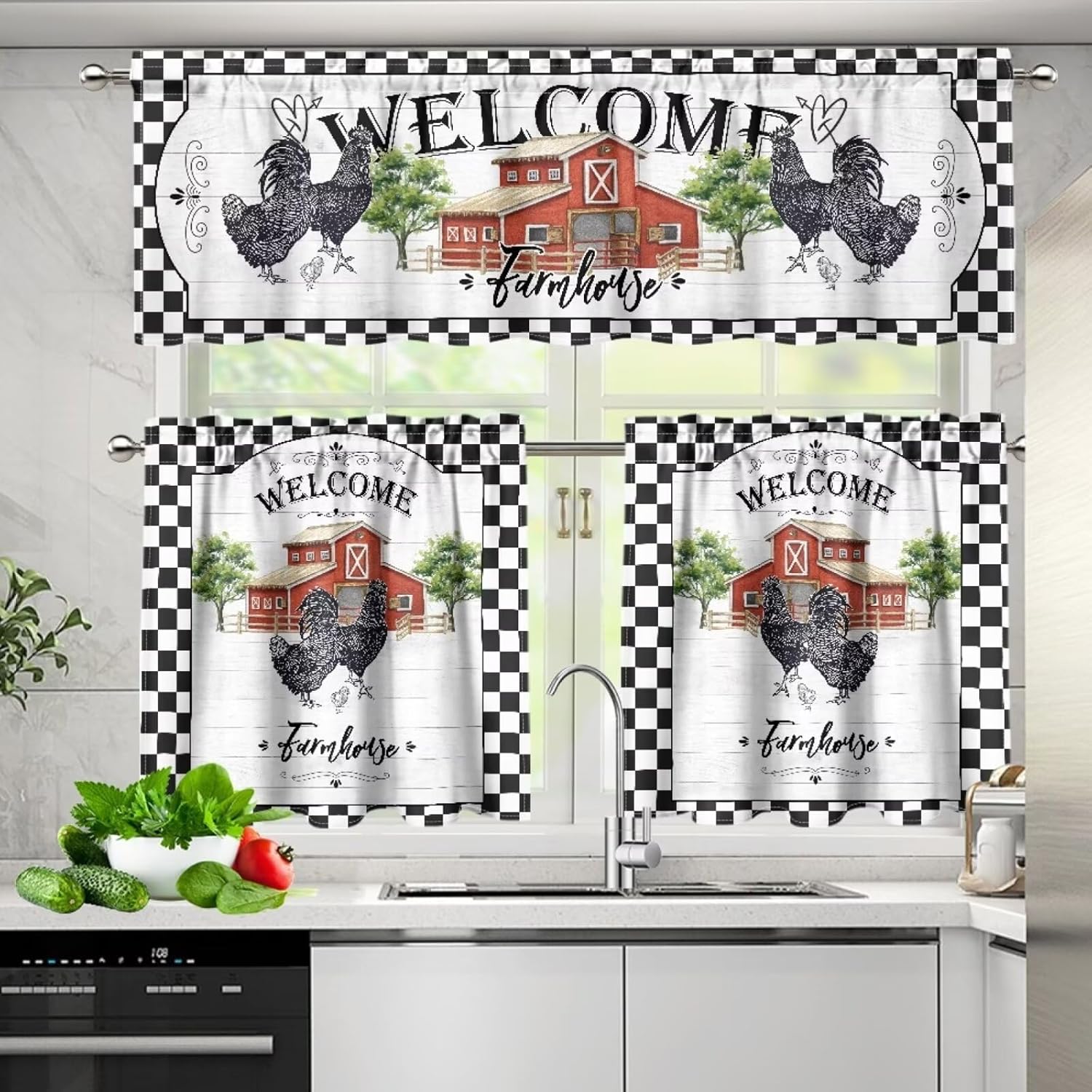 Chicken Farmhouse Valance Curtains for Kitchen, Rustic Rooster Farm Country Print Decor Black White Checkered Backdrop Window Treatments, Rod Pocket Drapes for Living Room, 54x18in 1P+27x24in 2P
