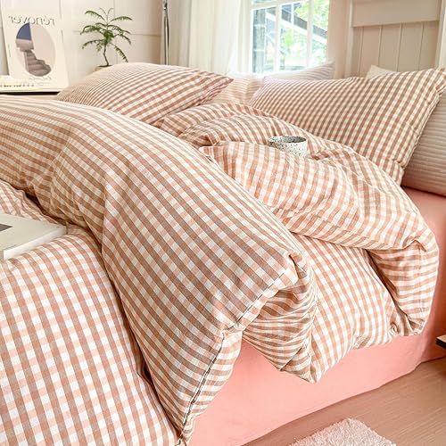 LifeTB Queen Comforter Set Pink Gingham Comforter Modern Style Blush Plaid Comforter Set 3 Pieces Grid Checkered Comforter with 2 Pillowcases Fluffy Soft Boho Gingham Bedding Set Queen Size