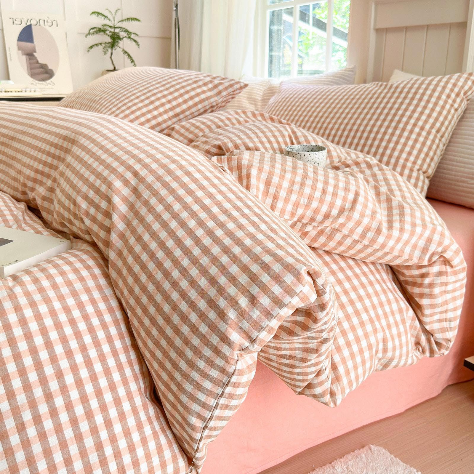 LifeTB Schmusetuch mit rosa Gingham-Muster, moderner Stil, rosa kariert, 3-teilig, Gittermuster, Schmusetuch mit 2 Kissenbezügen, flauschig, Boho, Bauernhaus, Gingham-Bettwäsche, Steppdecke