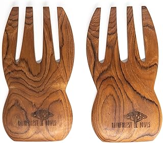 Rainforest Bowls Javanese Teak Wood Salad Serving Hands - Perfect for Mixing, Tossing & Serving Salad - Ultra-Durable- Premium Wooden Design Handcrafted by Indonesian Artisans