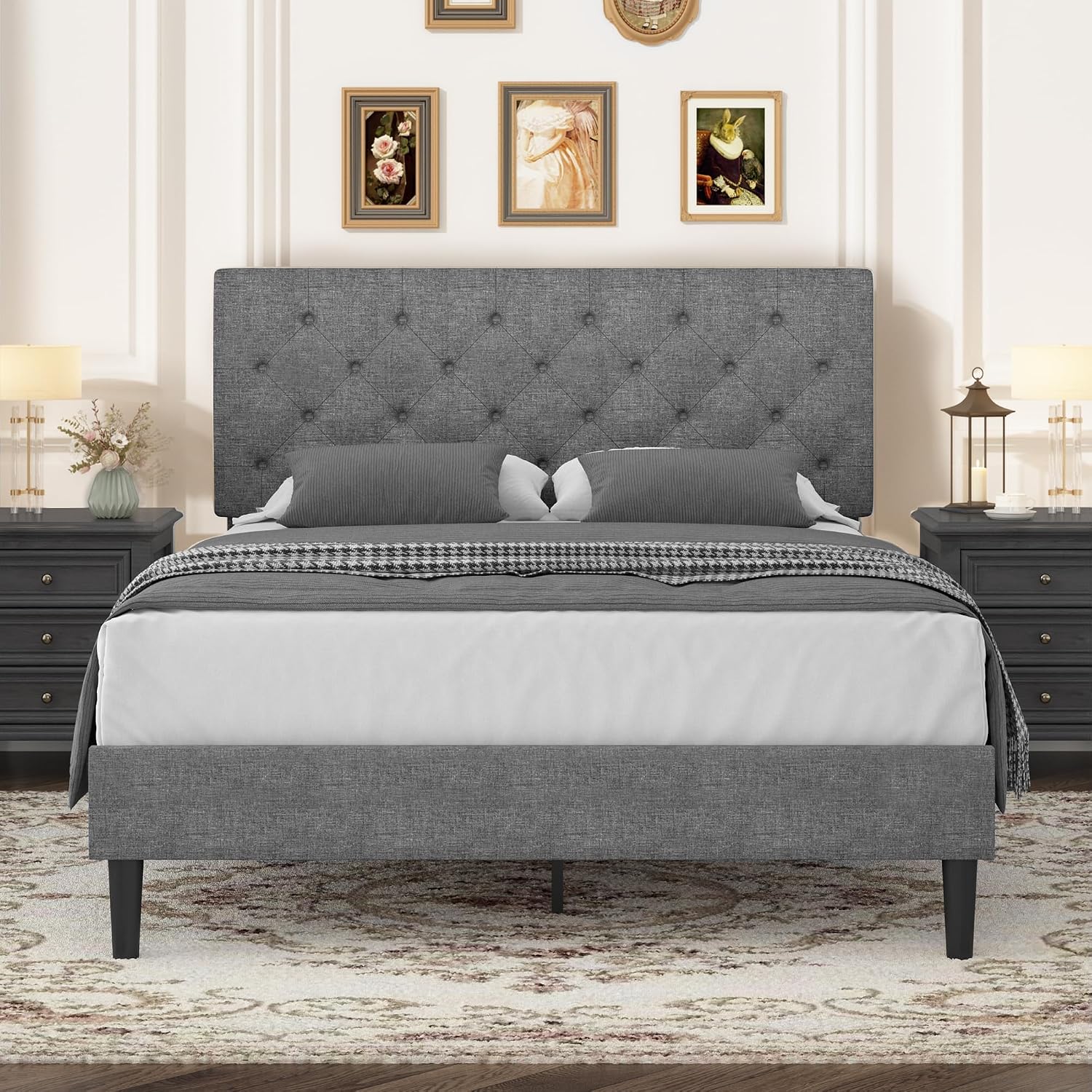 CHABUILDREARK Full Size Bed Frame with Headboard, Linen Upholstered Bed ...