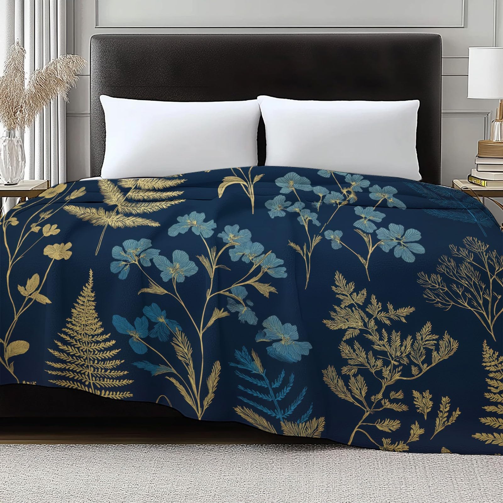 Coperta in flanella con fiori selvatici e felci, 150 x 200 cm, coperte in pile in microfibra pile per tutte le stagioni, per viaggi, divano per bambini, adulti, blu navy