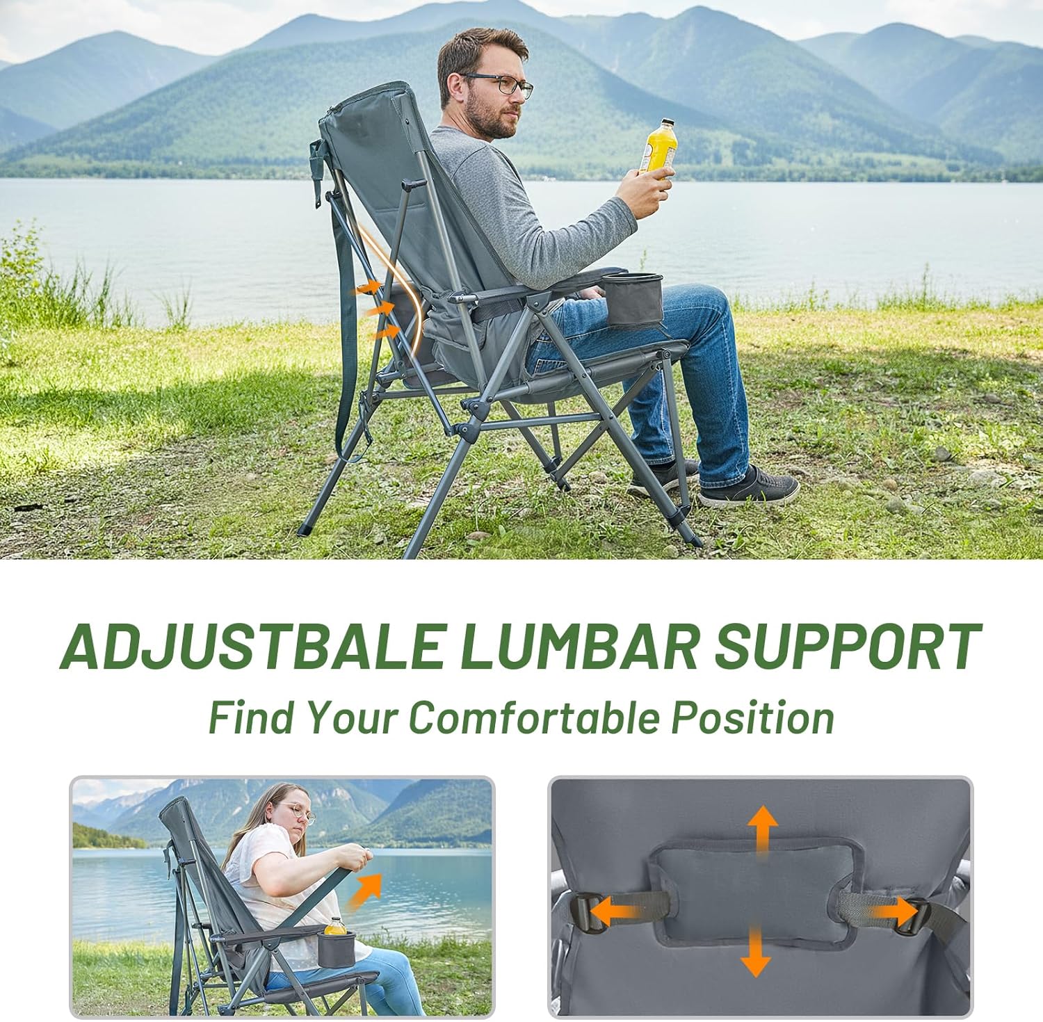 TIMBER RIDGE Oversized Camping Chair with Lumbar Support, Portable Folding Chair Heavy Duty for Adults Supports 450 LBS for Outdoor Camping Lawn, with High Back, Cup Holder, Side Pocket, Grey