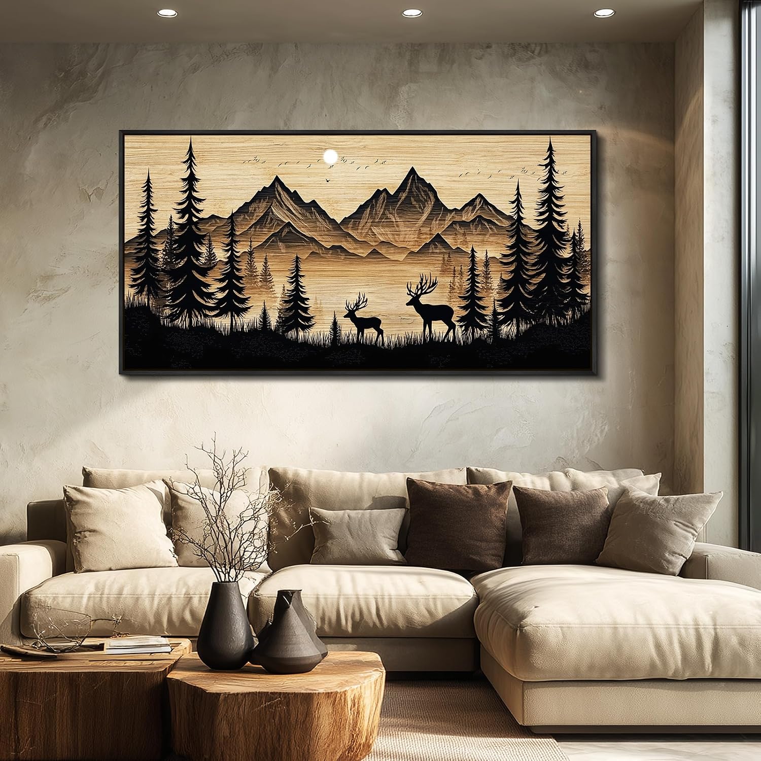 Large Wall Decor for Living Room Black Frame Canvas Wall Art for Office Modern Wall Decorations for Bedroom Mountain Deer Forest Silhouette Landscape Painting Artwork Home Decor 24x48 in