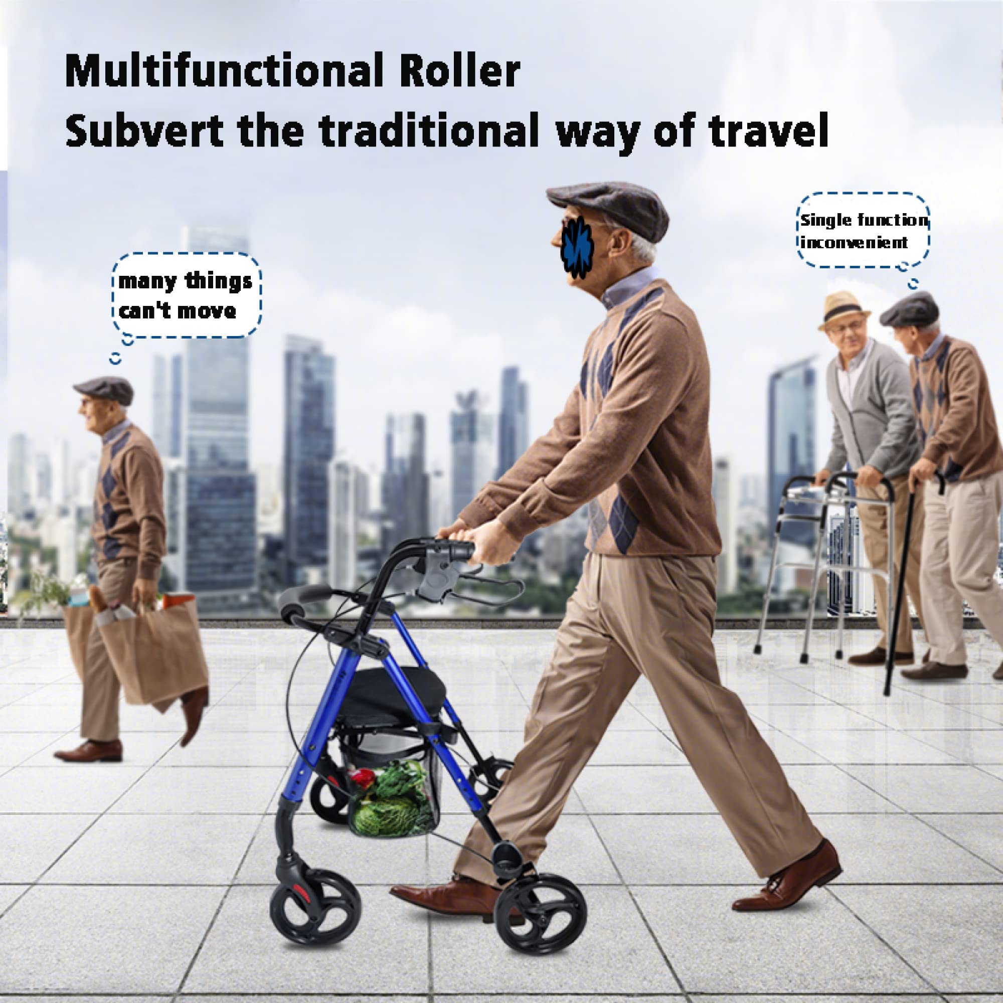 Andador con ruedas de 4 ruedas con ruedas de 8 pulgadas - Andador con ruedas plegable con asiento y asa ajustables - Ayuda para caminar para adultos con respaldo y bolsa de almacenamiento