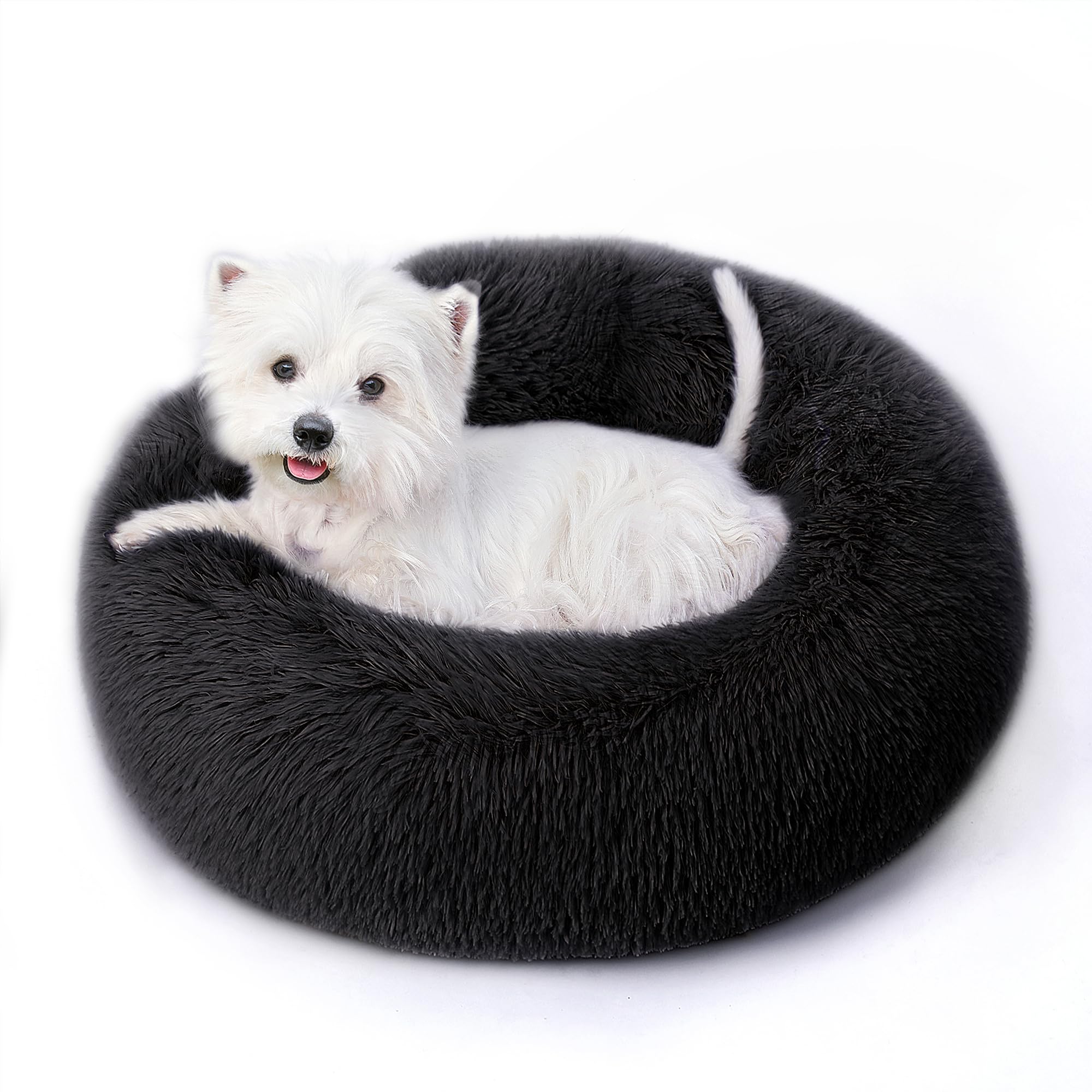 Calming Dog Bed & Cat Bed with Anti-Slip Bottom, Medium Size Washable Anti-Anxiety Donut Dog Beds for Small Dogs & Cats, Fluffy Plush Cozy Round Dogs Bed(24 Inch, Black)