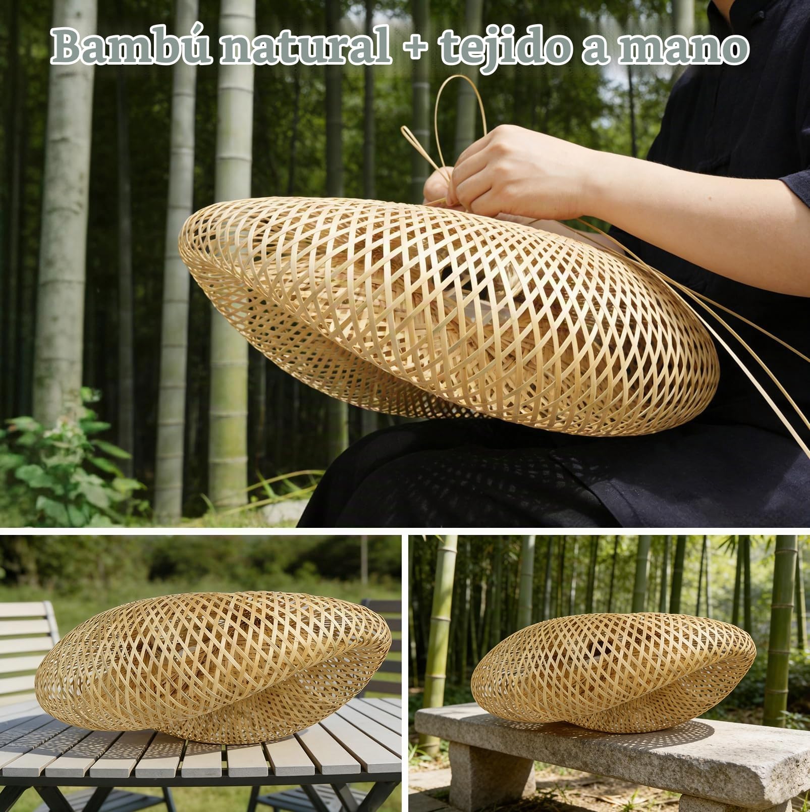 JAOGAUS Lámpara colgante de bambú, 60 cm de diámetro, bombilla no incluida | pantalla de ratán elaborada artesanalmente con casquillo E27 para dormitorio y salón