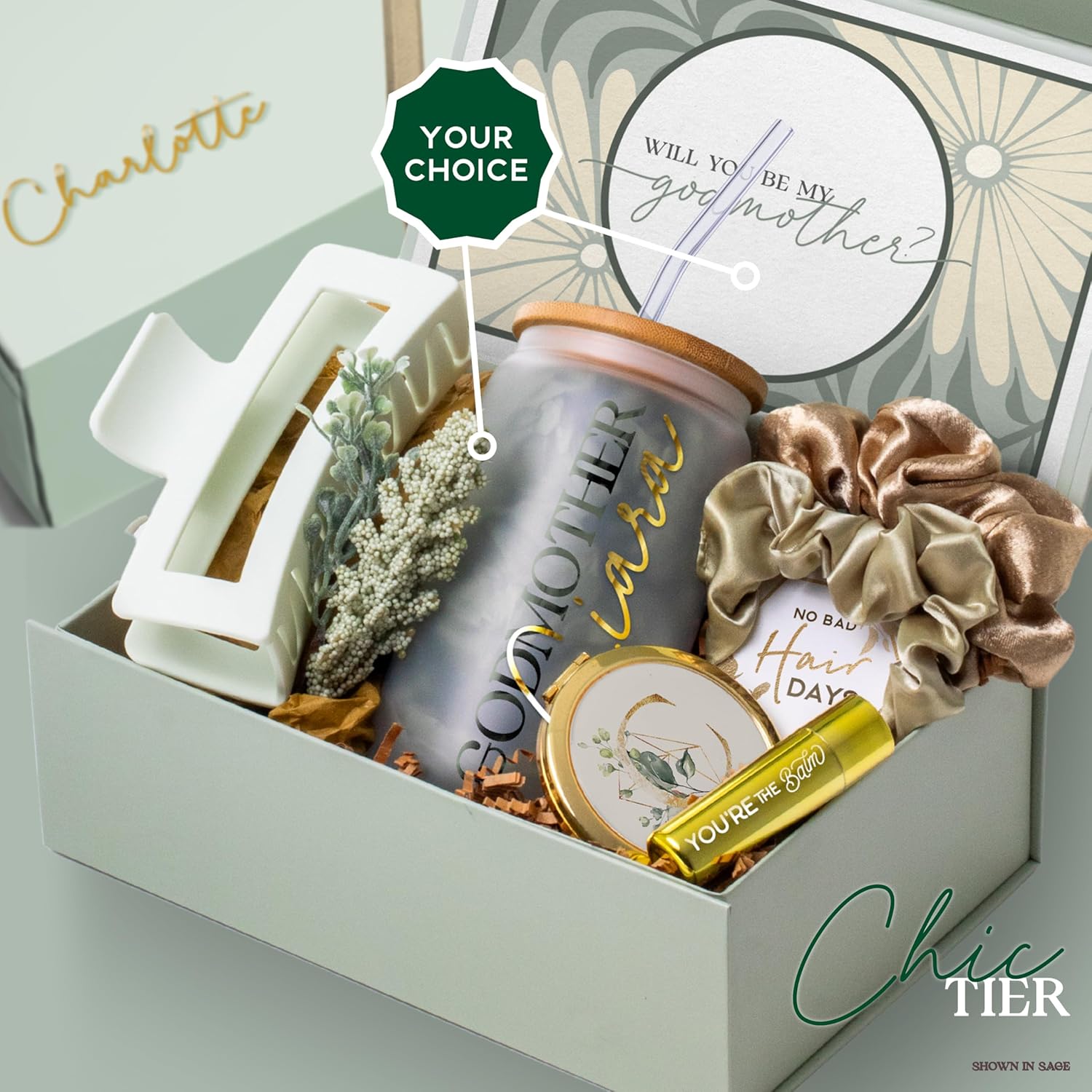 Godmother Proposal Gift Box Set, Will You Be My Godmother? Personalized Gifts for Godmother from Godchild, Best Godmother Ever Gift Idea (GD2) (Sage, Chic)