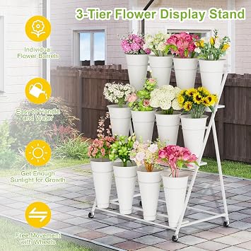 Flower Stand, 3 Tier Flower Display Stand with 12 Buckets, Upgrade Double Circle No Shaking, Outdoor Flower Cart with Wheels for Home, Patio, Garden, Shop, Wedding, Party, Exhibition, Indoor (White)