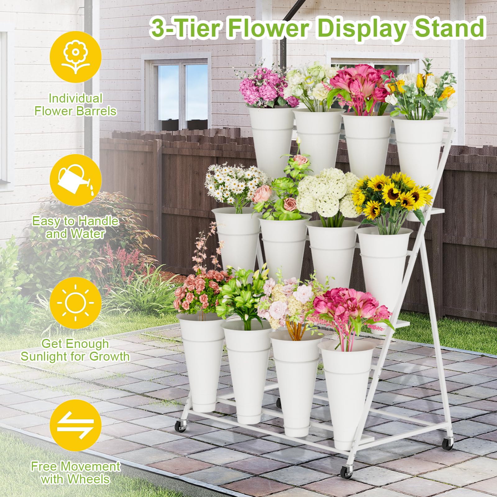 Espositore per fiori a 3 livelli con 12 secchi, doppio cerchio senza agitazione, carrello per fiori da esterno con ruote per casa, patio, giardino, negozio, matrimoni, feste, mostre, interni, bianco