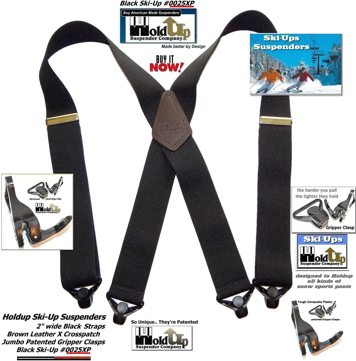 Hold Up Suspenders for Men - Ski Suspenders 1 1/2" - USA Patented Black Composite Plastic Heavy Duty Gripper Clasps