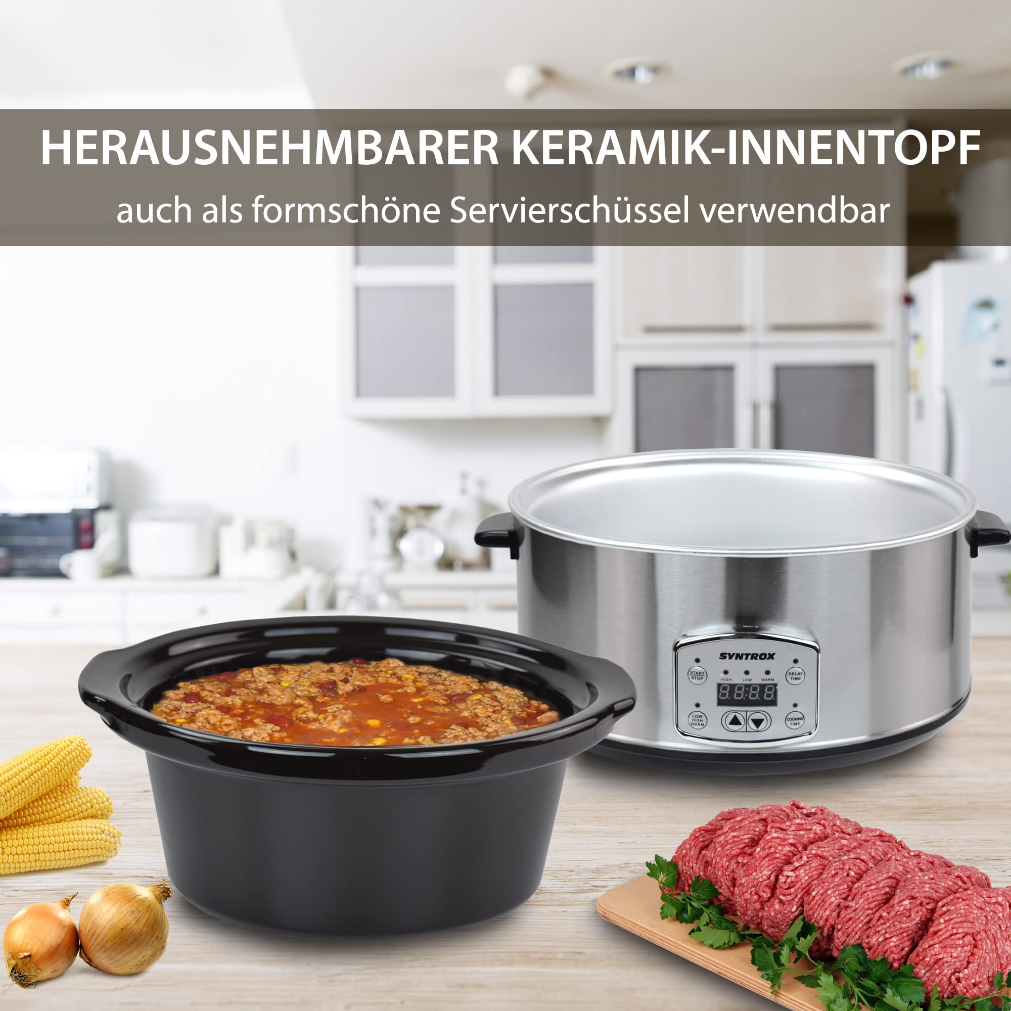 Syntrox Germany Schongarer mit 6,5L Slow Cooker mit 3 Heizstufen und Warmhaltefunktion und 320 Watt
