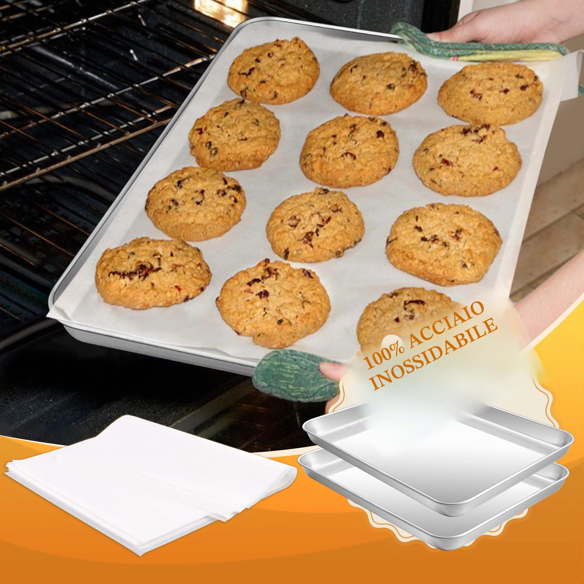 HaWare - Teglia da forno, set da 2 pezzi con 50 fogli di carta da forno, in acciaio inox, 40 x 30 x 2,5 cm, rettangolare, per cuocere e cucinare, atossico e sano, lavabile in lavastoviglie