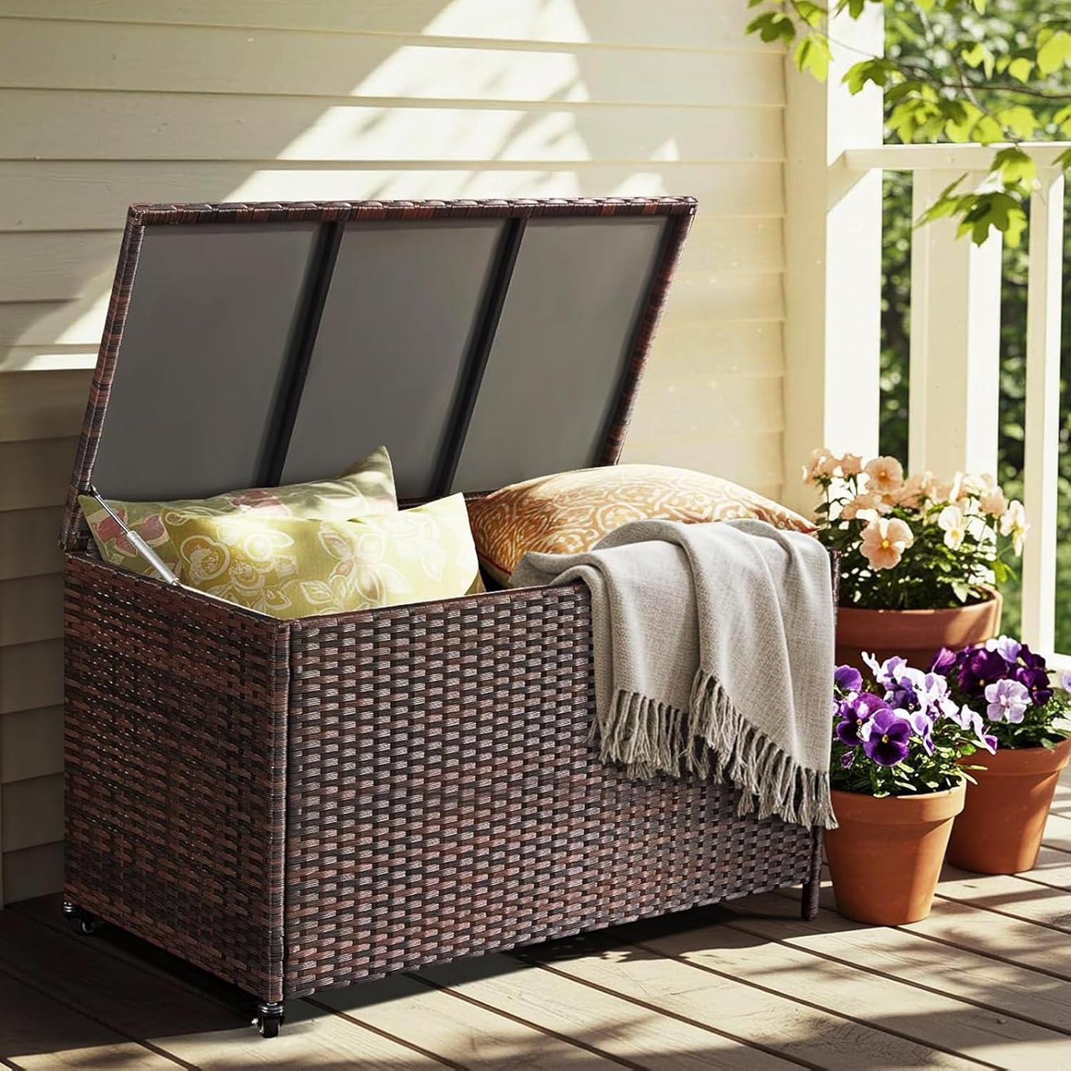 AVAWING 180 Gallon Wicker Deck Box with Wheels, Outdoor Storage Box with Liner Patio Waterproof Deck Storage Box Wicker Chest Storage Trunk Rattan Pool Container for Garden, Balcony, Yard, Brown