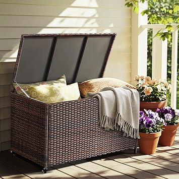 AVAWING 180 Gallon Wicker Deck Box with Wheels, Outdoor Storage Box with Liner Patio Waterproof Deck Storage Box Wicker Chest Storage Trunk Rattan Pool Container for Garden, Balcony, Yard, Brown