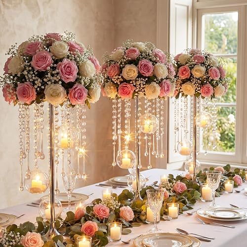 Novabright 6 Pack Silver Tall Crystal Wedding Centerpieces with Hanging Acrylic Globes - 21.7 Inch Tall Wedding Flower Stand Vases for LED Candles Dinner Ceremony Party Event Tables Decorations