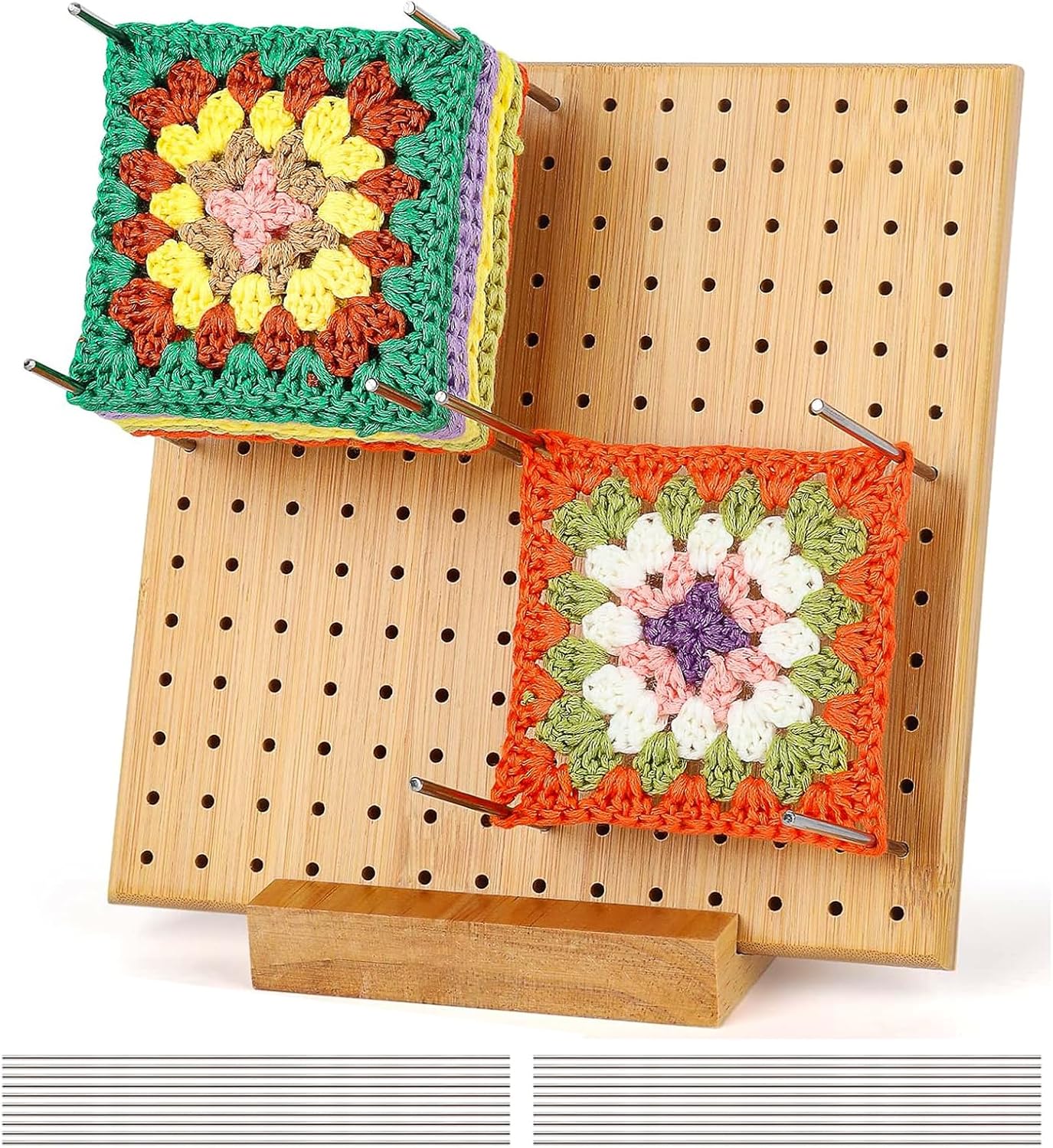 Crochet Blocking Board Handcrafted Knitting Blocking Mat with 20 Stainless Steel Rod Pins Bamboo Crocheting Accessories for Granny Squares Crocheters 7.87 Inches