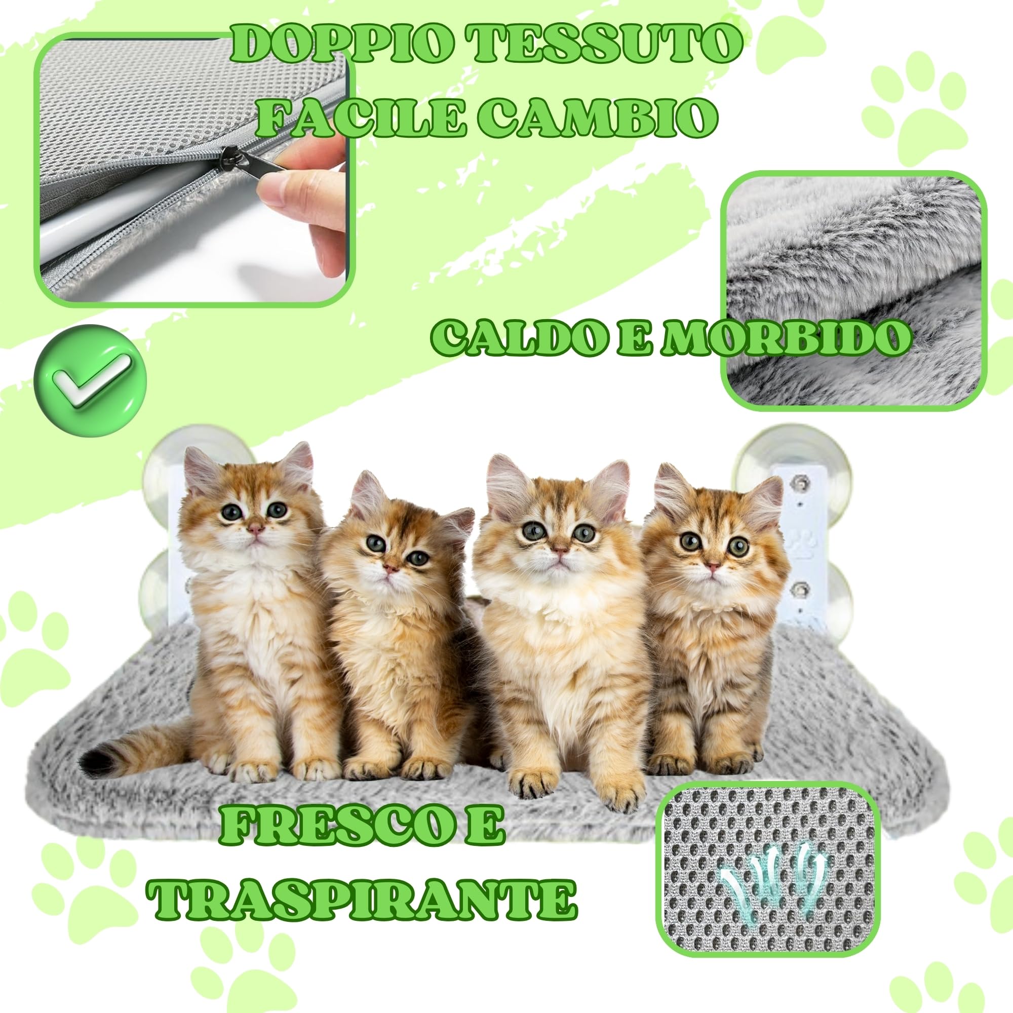Amaca Gatto Finestra Pieghevole senza Cavi Letto per Gatto con Ventose Stabili Tappeto reversibile con Giocattolo Incluso Codice QR con Istruzioni e Video di Montaggio.