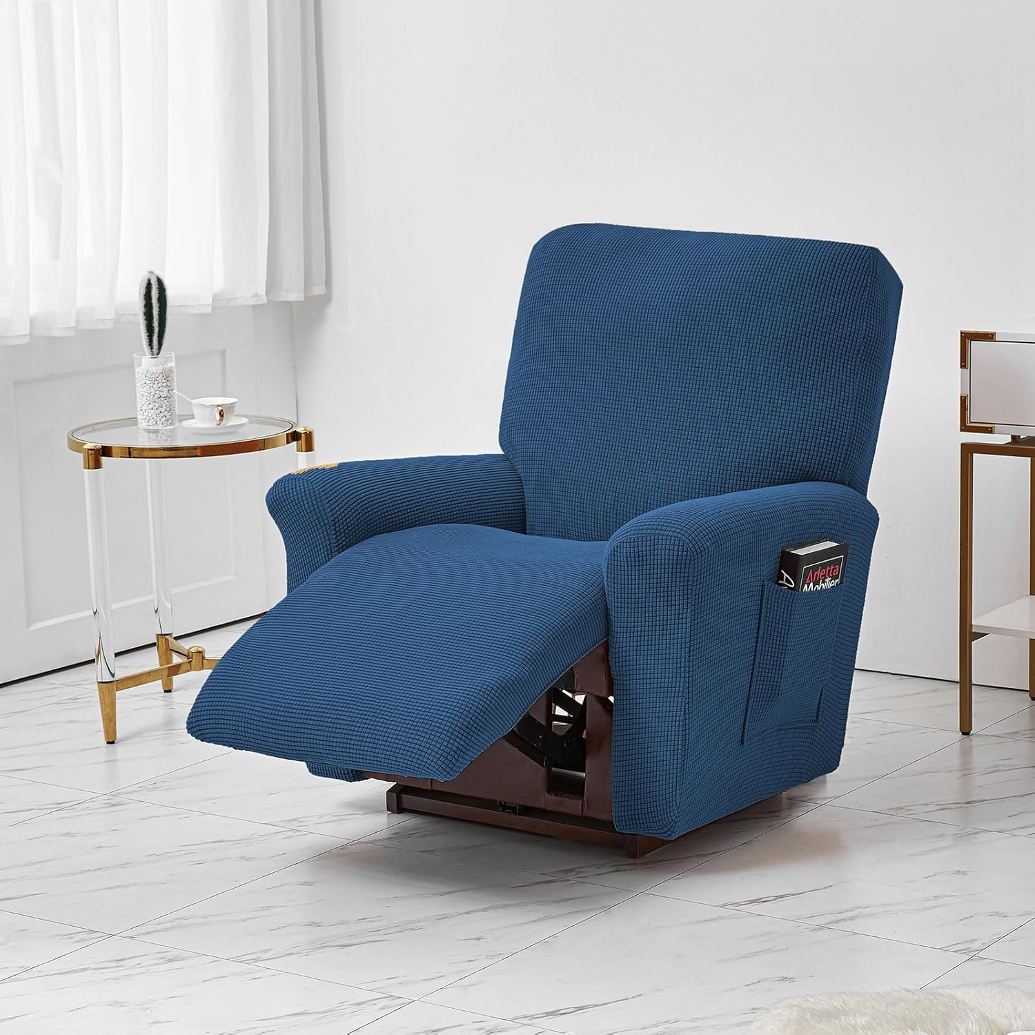 Qubjus Stretch Recliner Cover 4-Pieces, 1 Seat Recliner Chair Covers, Soft Classic Elastic Couch Covers Furniture Protector with Pocket(Recliner, Blue)