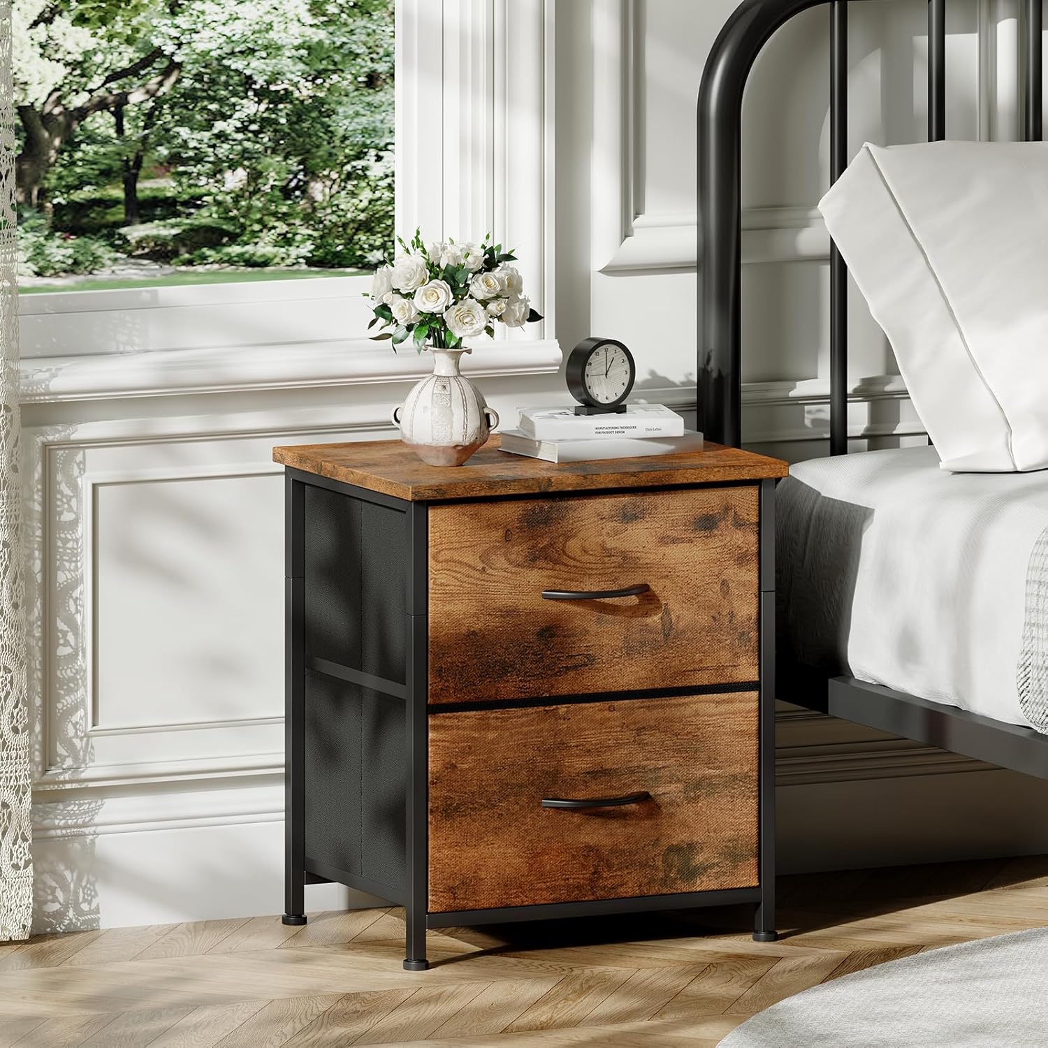 Somdot Nightstand Set of 2, Small Dresser for Bedroom with 2 Drawers, Bedside Table Night Stand End Table with Fabric Bins for Bedroom Kids Closet Dorm Guest Room, Wood Grain Print