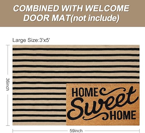 Vista 95 de Alfombra de exterior a rayas blancas y negras, 3 x 5 pies, de algodón, moderna, tejida a mano, reversible, alfombra de patio lavable en capas para 1