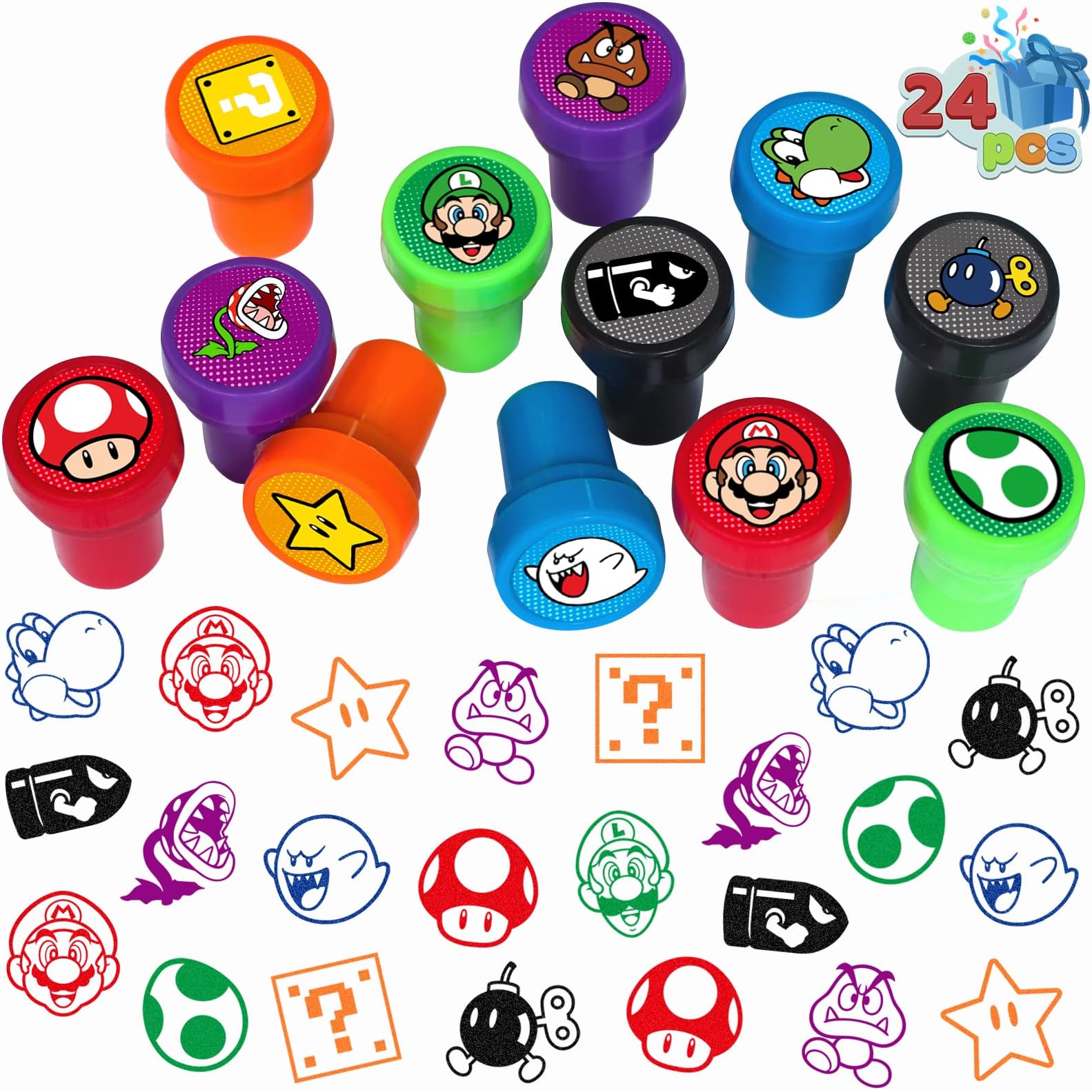 24 Pcs Mario Themed Stampers, Mario Birthday Party Supplies, Goody Bag Treat Bag Stuff for Mario Birthday Party Gifts