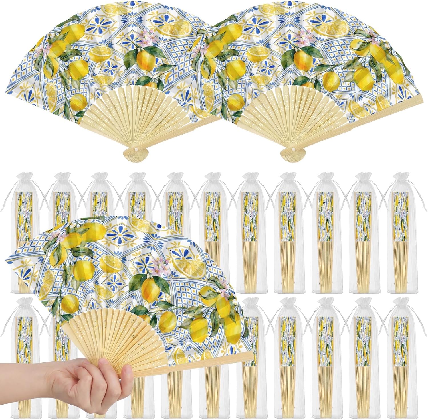 Arttown Wedding Fans for Guests Bulk 25 Pack, Bamboo and Paper Folding Hand Fans with Organza Bags, Mediterranean Style Lemon Design for Bridal Shower, Party Favors