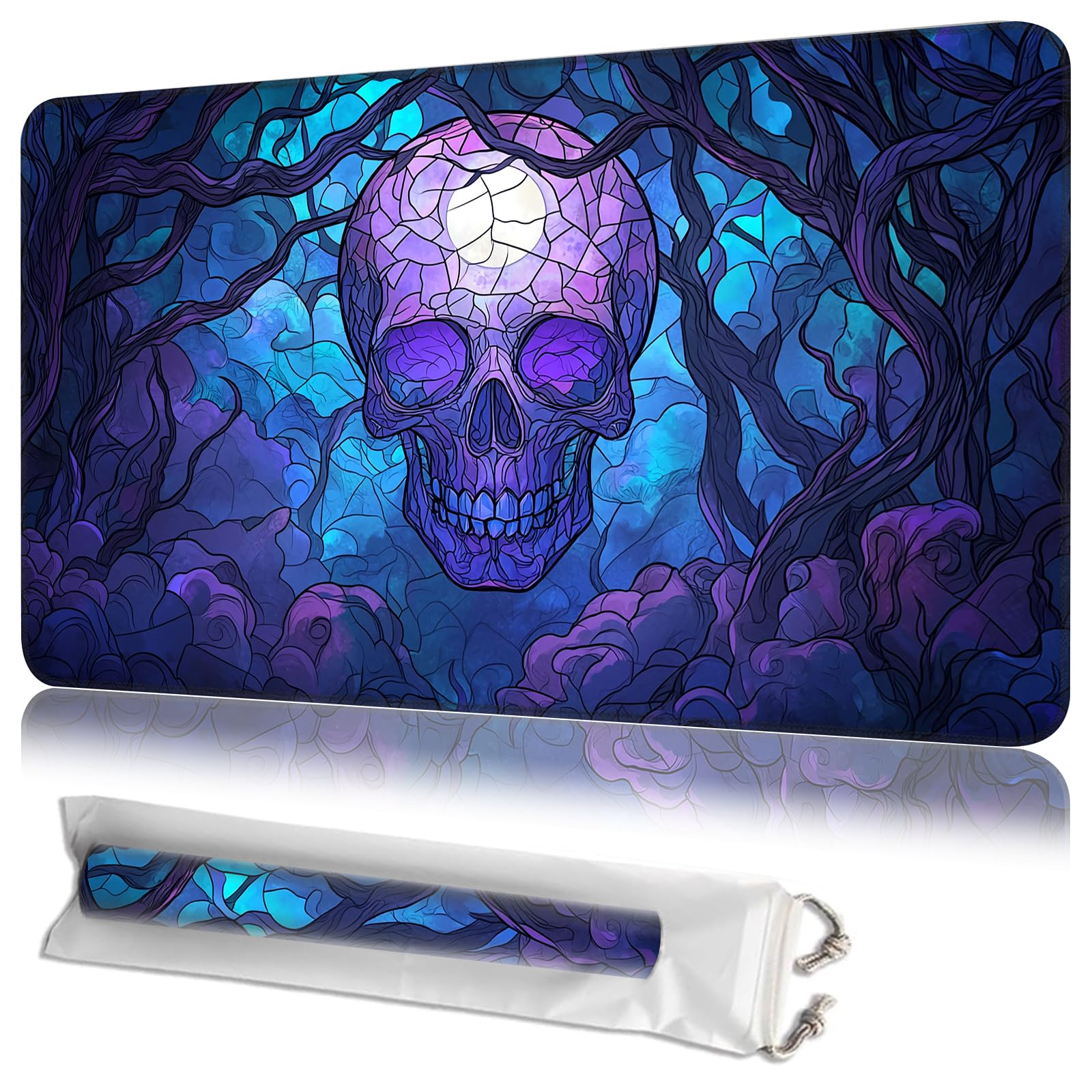 JANENFNA TCG Card Playmat 24" x 14" with Storage Bags for MTG Game Play Mats, Premium Stitched Non-Slip Rubber Tabletop Magic Play Mats Desk Duel Card Breaking Mats, Purple Swamp Skull — image 1