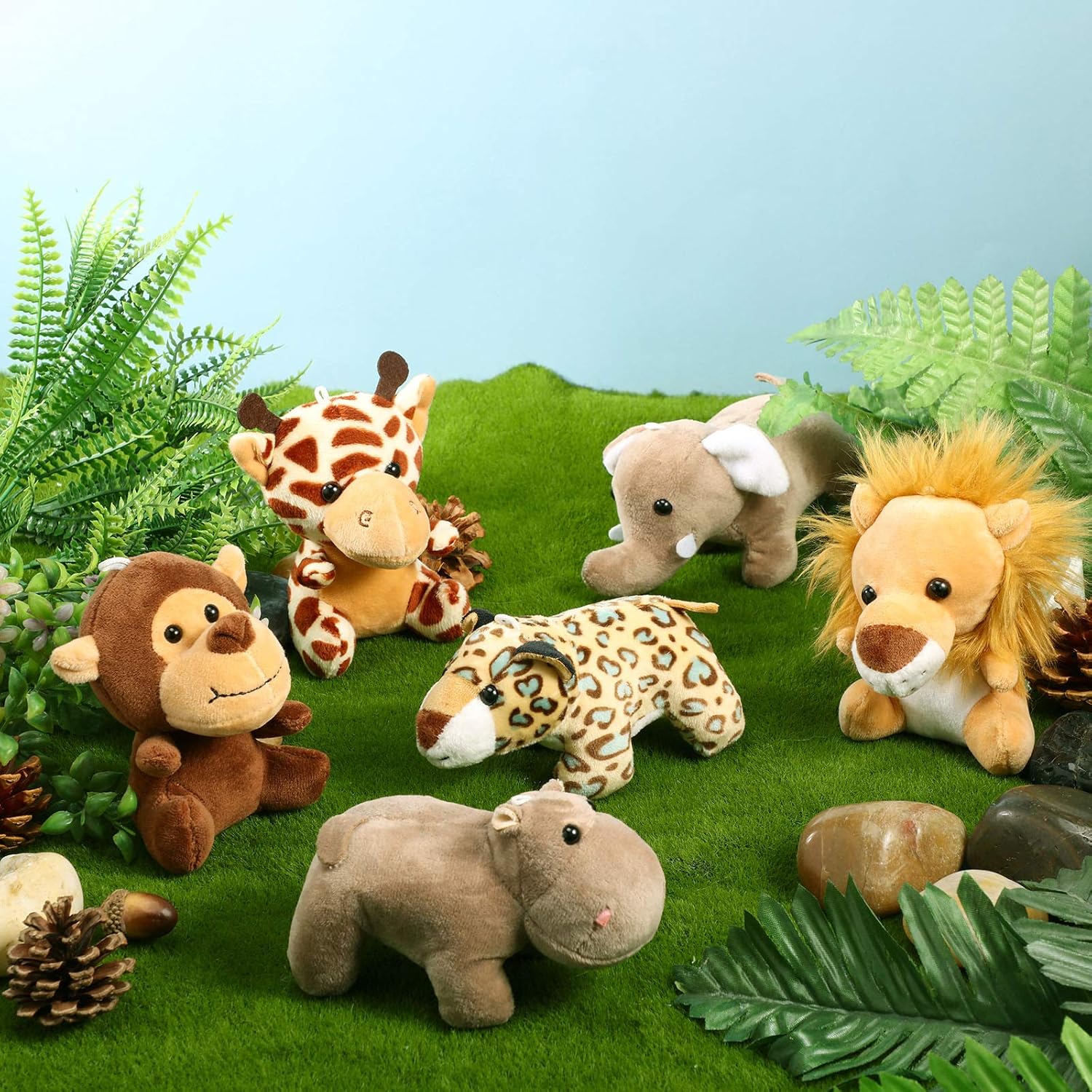 Sumind 12 Pieces Small Stuffed Animals Bulk Gifts Mini Stuffed Forest Jungle Animal Plush Toys 4.8 Inch Cute Elephant Lion Giraffe Tiger for Claw Machine Baby Shower Decorations(Sitting, Lying)