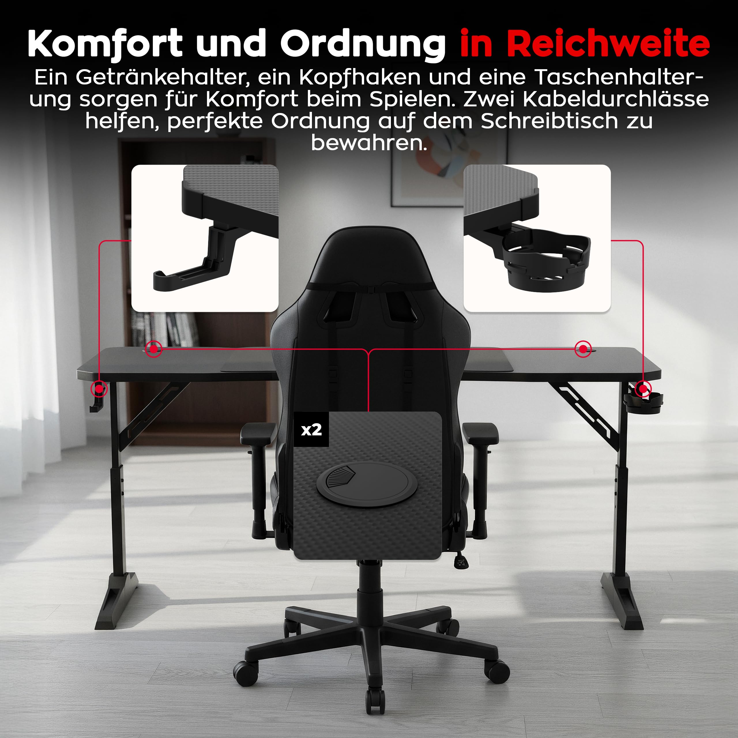huzaro Hero 4.6 Gaming Tisch höhenverstellbar, Schreibtisch 160x60 cm | mit Carbon Oberfläche, Kabelmanagement, Getränkehalter & Kopfhörerhalter, PC Tisch Büro Home Office, Schwarz