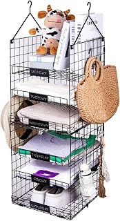 6 Tier Metal Hanging Closet Shelves Closet Hanging Organizer Wire Clothes Shelves with 9 S Hooks and 6 Name Plates Wall Mount Storage Basket Bins for Clothing Sweaters Shoes Handbags Clutches (Black)