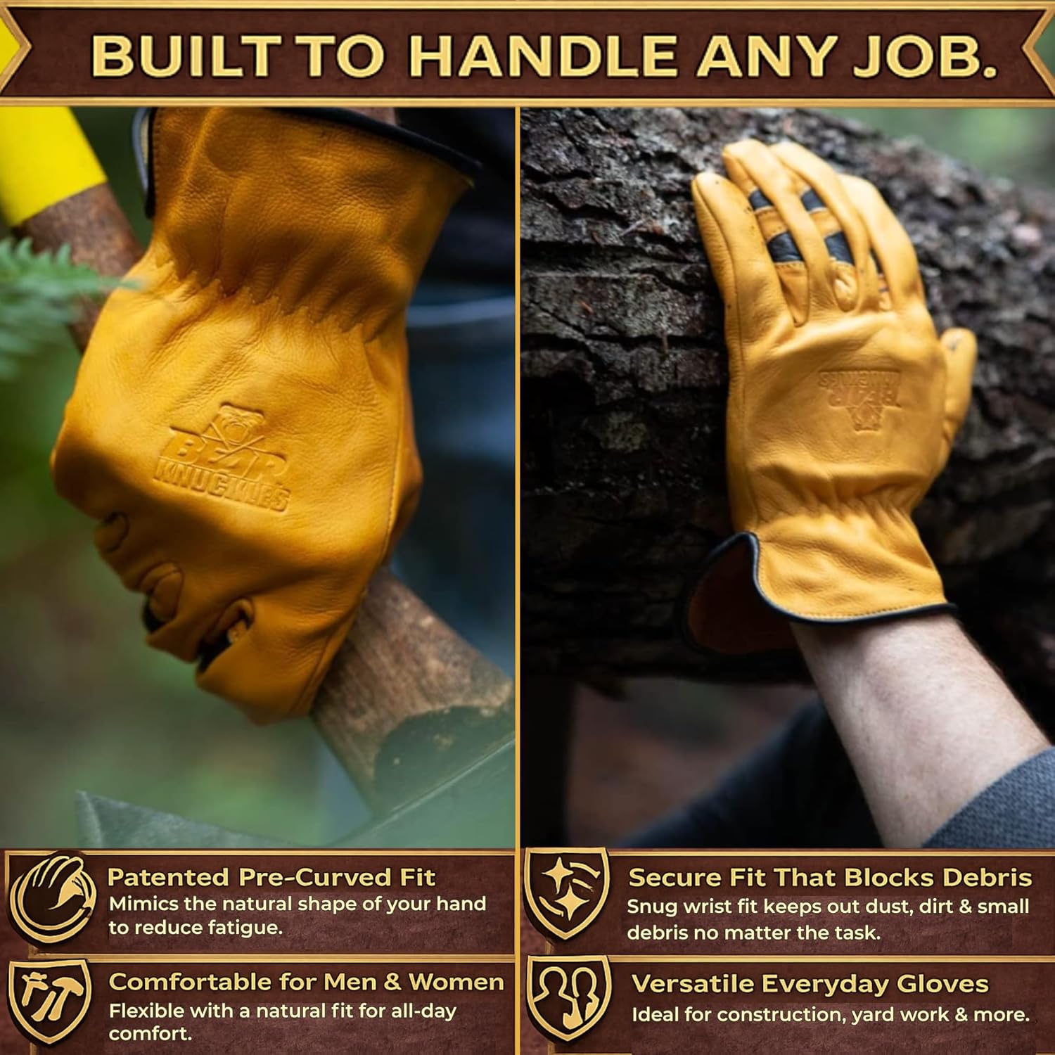 Bear Knuckles Cowhide Work Gloves for Men – D357 Water-Resistant Ranch & Cowboy Style, Yellow Leather Work Pair, Pre-Curved Finger Design, Large