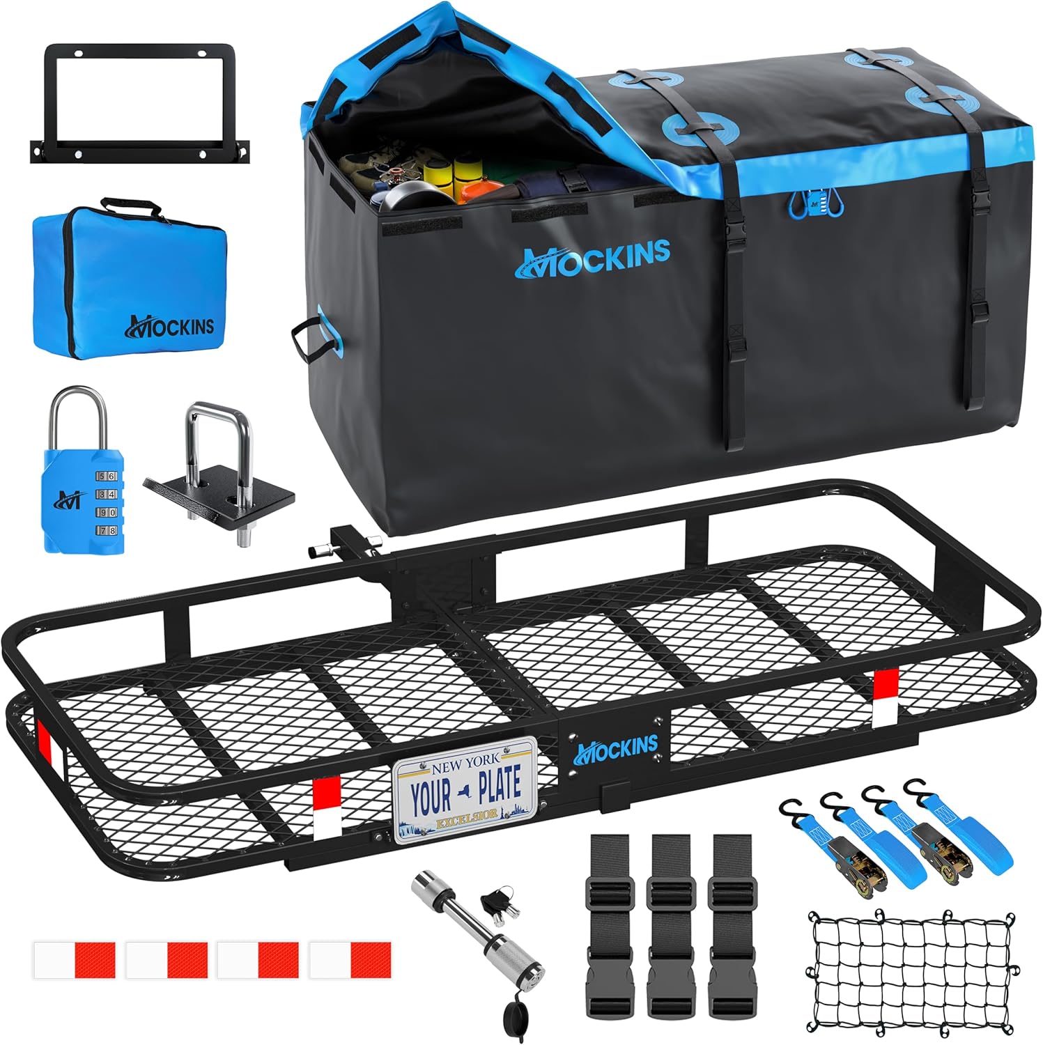Mockins 60x24x6 Folding Hitch Cargo Carrier with 25 Cu Ft Waterproof Bag - 500 lb Heavy Duty Steel Basket for SUV Truck Car