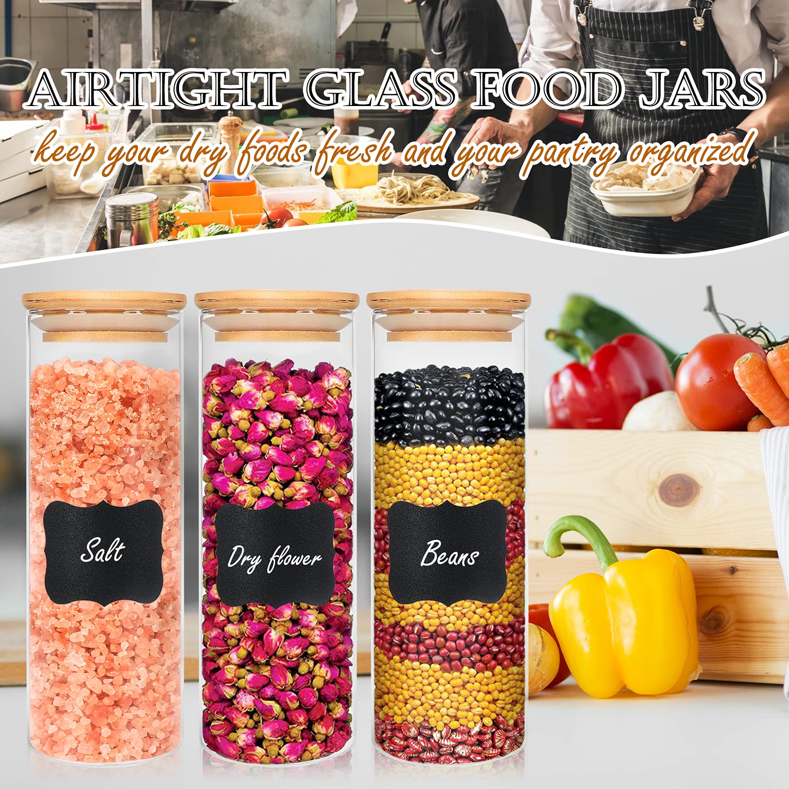 Contenedores de almacenamiento de alimentos de vidrio con tapa hermética de bambú, 16 onzas, 10 unidades, 510 ml, terrario de cristal con tapa, especias, té, harina y azúcar, juego de recipientes