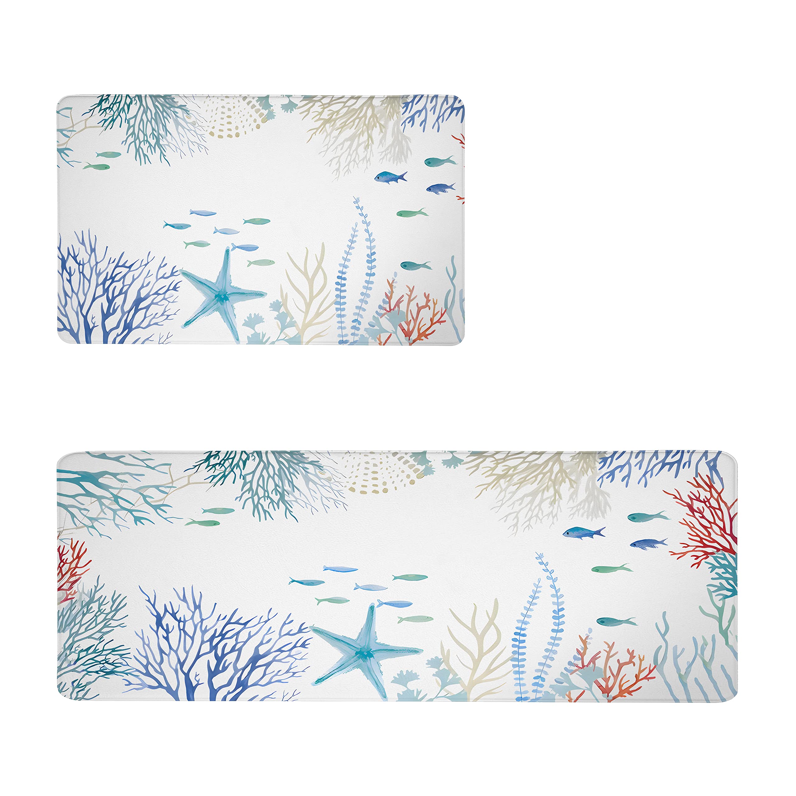 Anti Fatigue Floor Mat Coastal Nautical Kitchen Rugs Set of 2 Blue Ocean Beach Starfish Kitchen Mats For Floor Non Slip Comfort Standing Mat for Kitchen Laundry Bathroom, 17.3x28+17.3x 47 inch