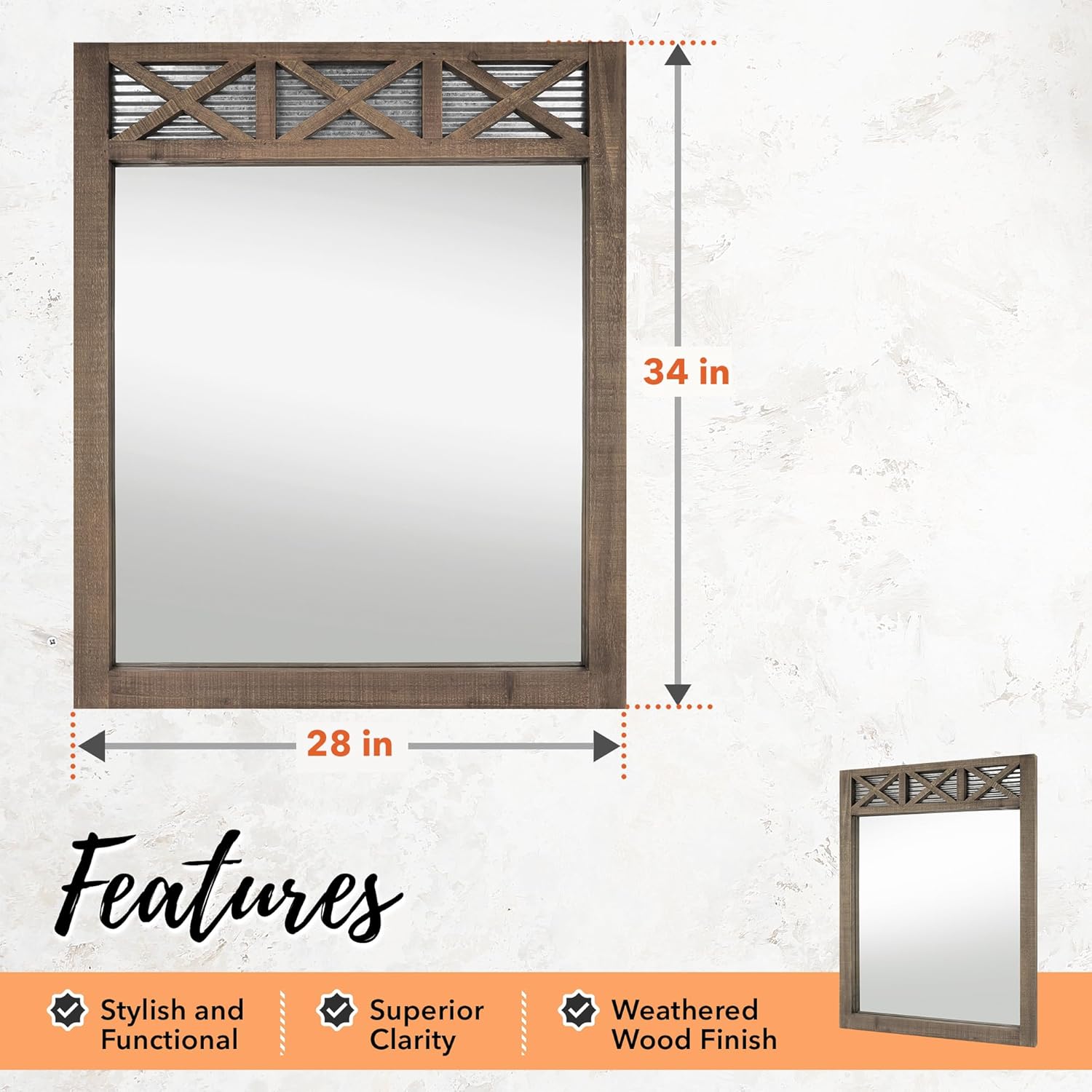 Autumn Alley Farmhouse Bathroom Mirror - Rustic Mirror - Vanity, Bathroom and Bedroom Mirror Wall- Country Farmhouse Decor, Mirror Barn Door Wood, Galvanized Metal, Large Size: 28" x 34", Brown