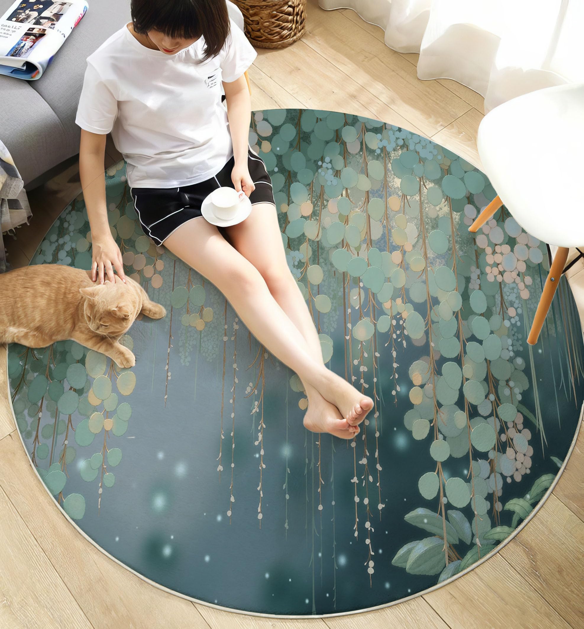 Tapis Rond Feuilles D'Eucalyptus Aquarelle 100 Cm, Lavable En Machine Pour Salon, Ne Perd Pas Ses Poils, Antidérapant | Tapis Esthétique Végétale Pour Chambre À Coucher Chambre D'Enfant, Vert Foncé
