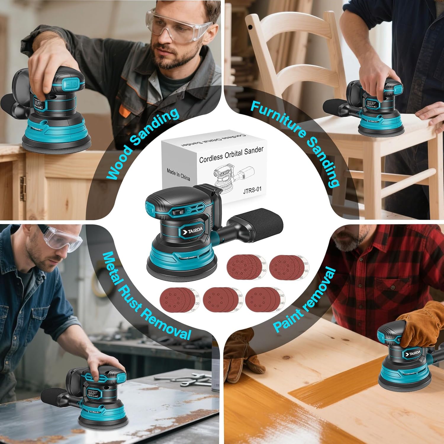 Cordless Random Orbital Sander Compatible for Makita 18V (TOOL ONLY), Electric Palm Orbital Sander With Dust Collector, 6 Variable Speeds, 20Pcs Sandpaper For Sanding Polishing Woodworking
