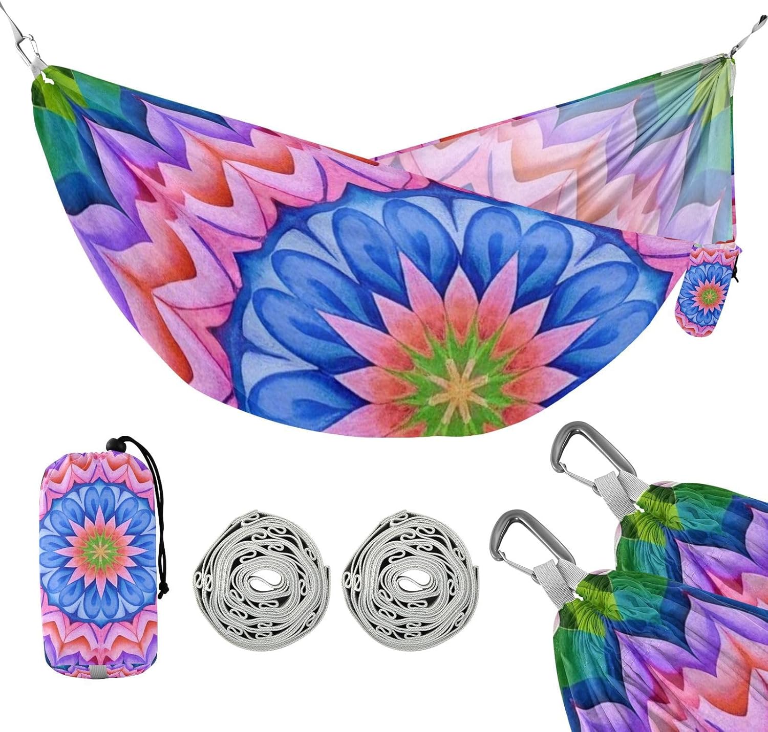 Mandala Floral Colorful Green Camping Hammocks with Portabl Carry Bag Tree Hammock for Camping Travel Accessories