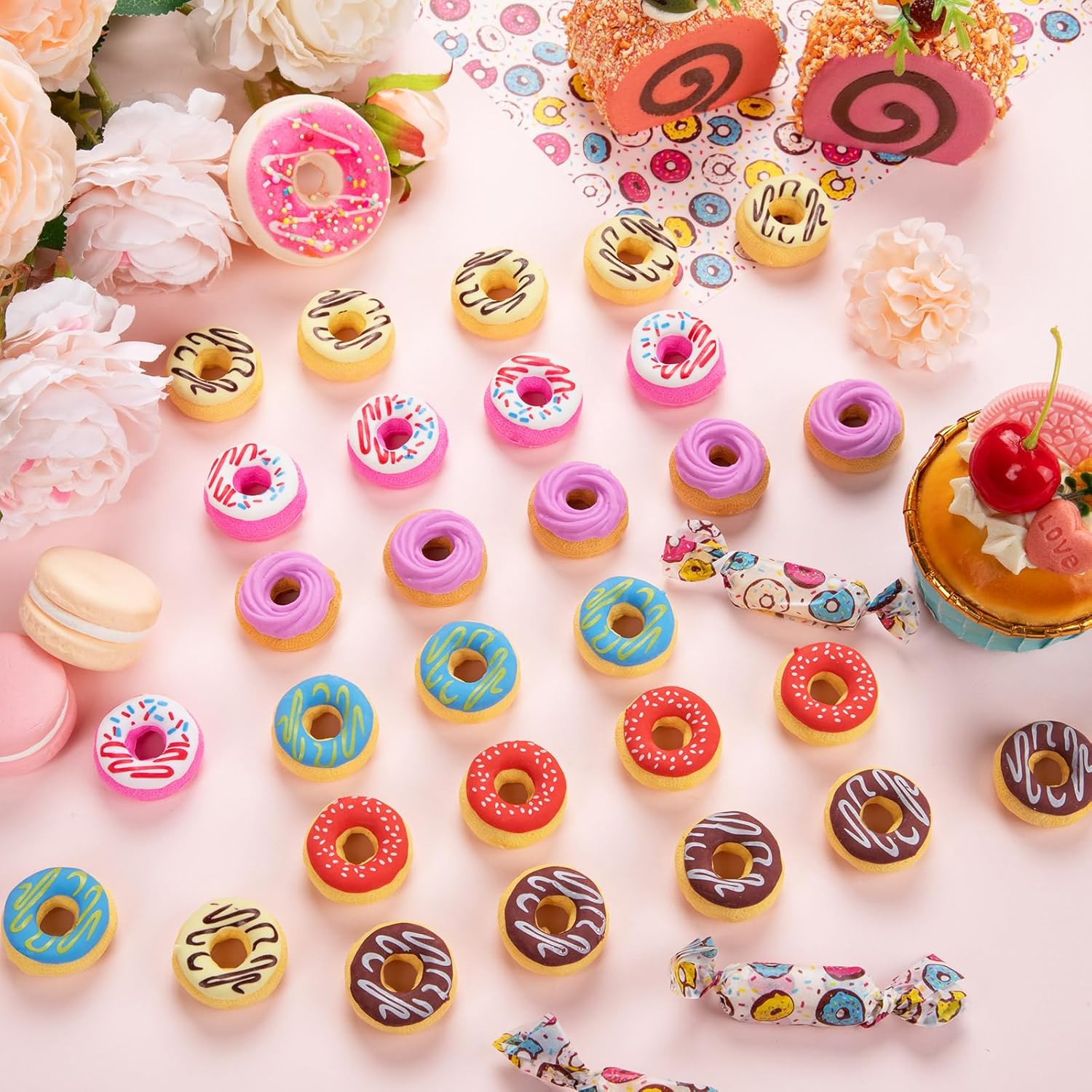 Cute 3D Donut Mini Erasers, 100 Pieces - Novelty Pencil Erasers for Candy Party Favors & Art Supplies