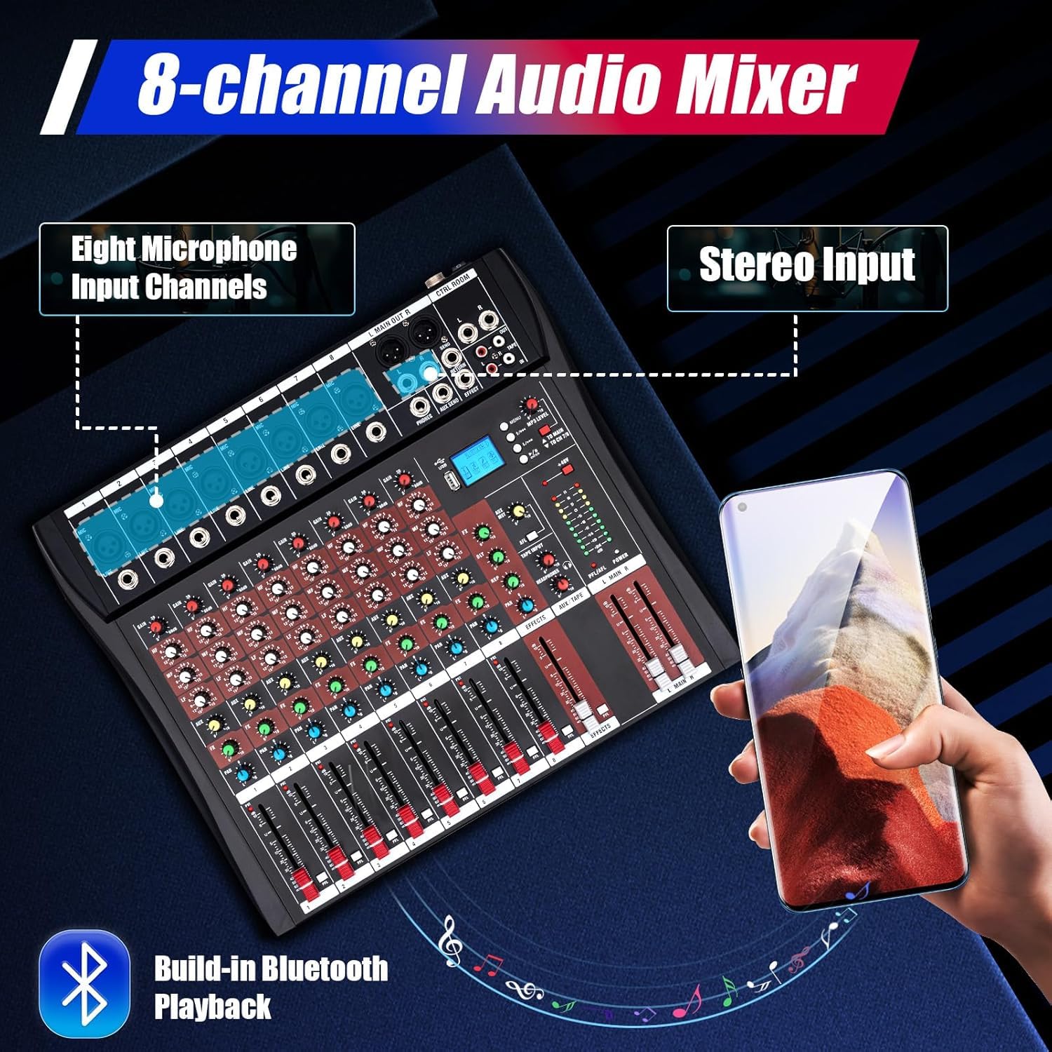 Mezcladora de Audio Profesional 8 Canales con Bluetooth, USB y +48V - Diseño Ultraplano y Portátil para Estudio en Casa, Podcast y Actuaciones,8 Channel
