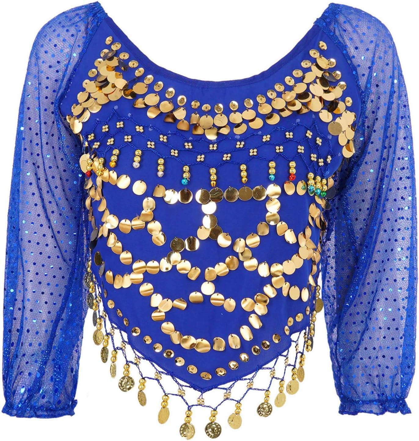 Women's Belly Dance Costumes Chiffon Long Sleeve Top with Beaded Glitter Circle Coins Tassels