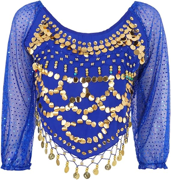 Women's Belly Dance Costumes Chiffon Long Sleeve Top with Beaded Glitter Circle Coins Tassels