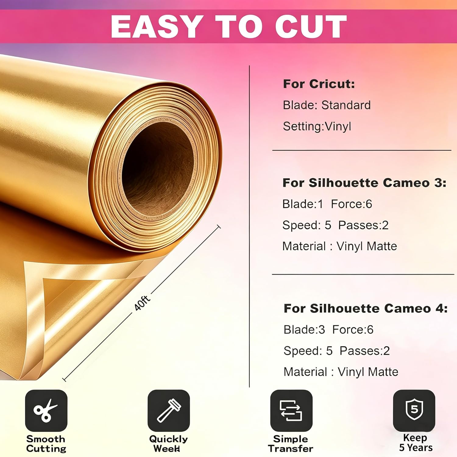 Gold Permanent Vinyl, Gold Vinyl for Cricut Cutting Machine, 12" x 40 FT Gold Adhesive Vinyl Roll for Cricut, Silhouette Cameo Vinyl Cutter, Craft, Sign, Wall Sticker (Matte Gold)