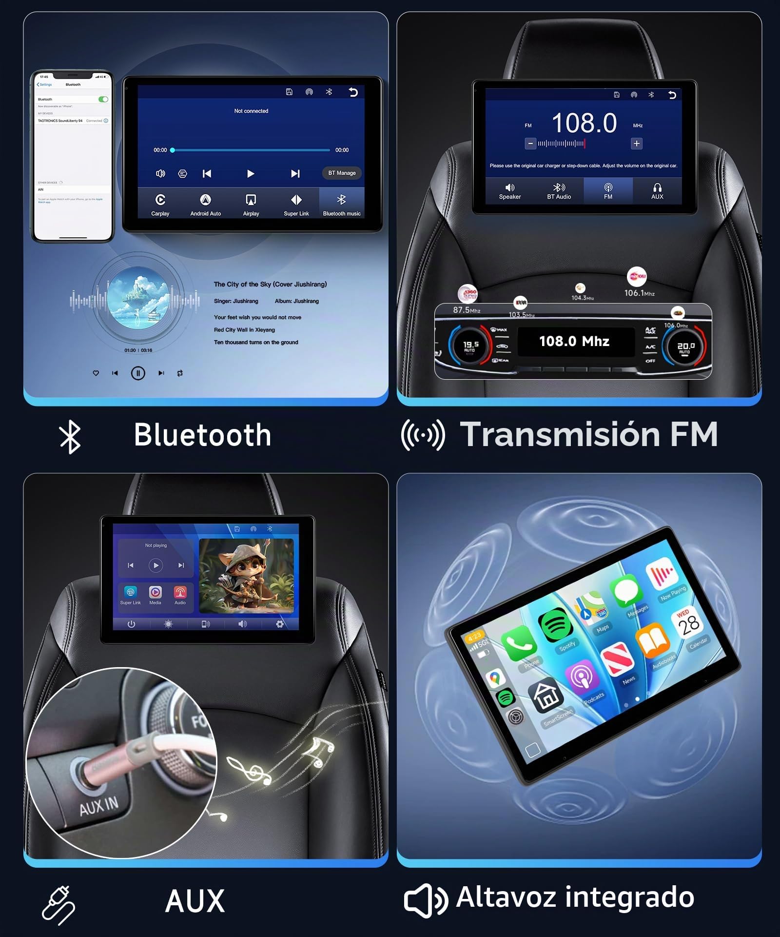 Rimoody Monitor para Reposacabezas de Coche, 10,1 Pulgadas Pantalla Táctil, Reproductor de Reposacabezas con Inalámbrico Carplay Android Auto Super Link, Bluetooth, USB, AUX y Tarjeta TF de 64 GB